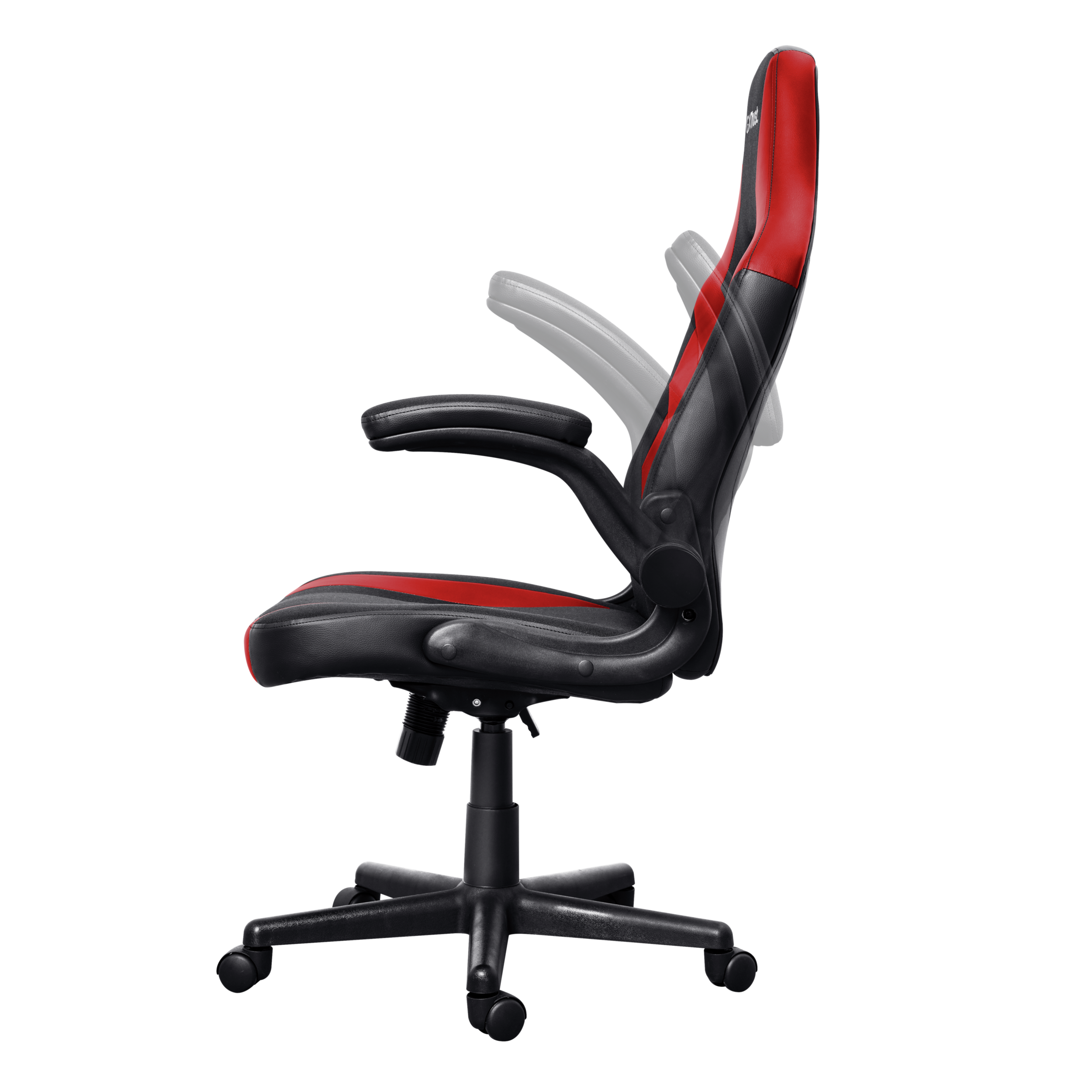 Gamingstoel, zijaanzicht, zwart met rode accenten. Heeft een zwarte basis en wielen.