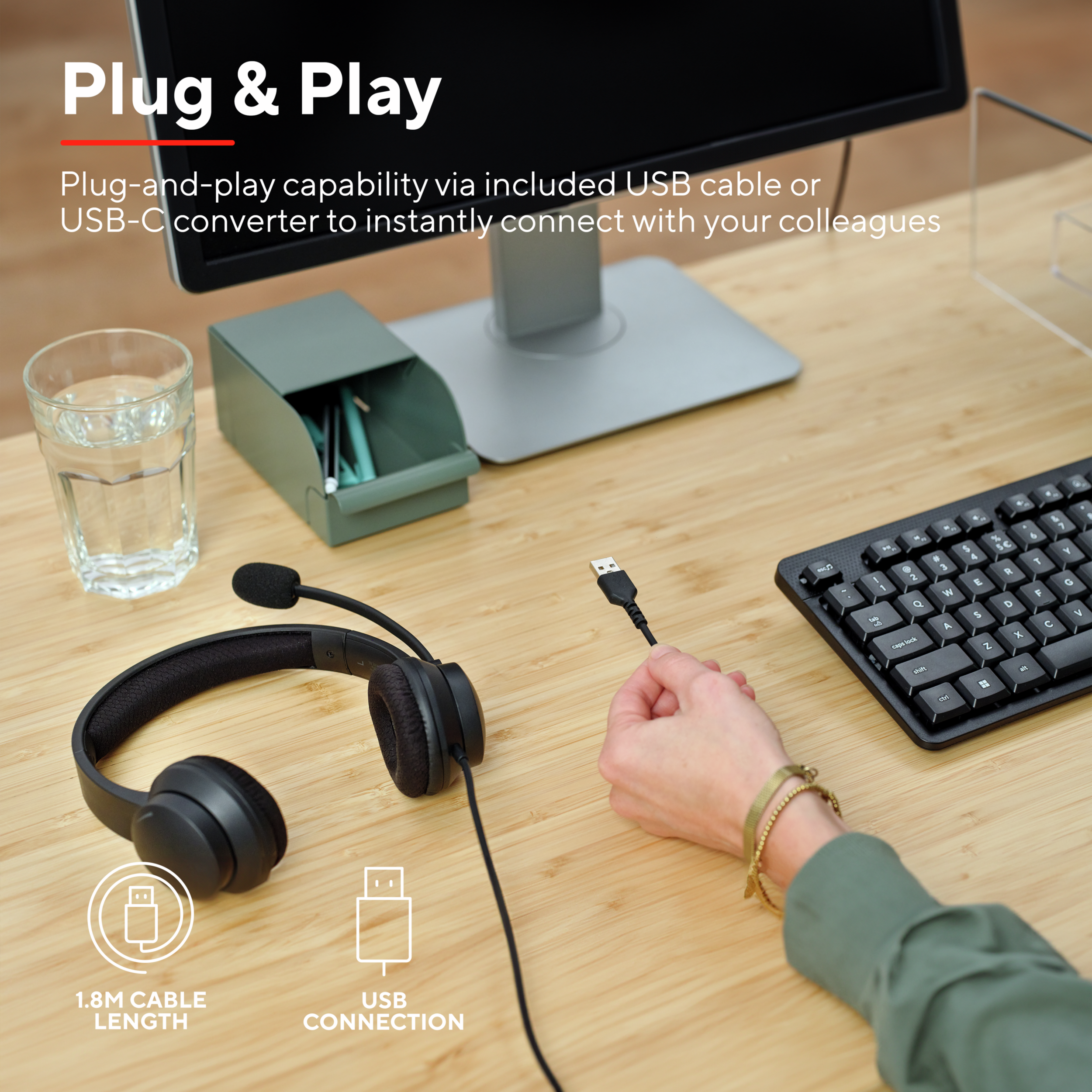 Konfiguracja Plug and Play ze słuchawkami i monitorem. Połączenie kablem USB.