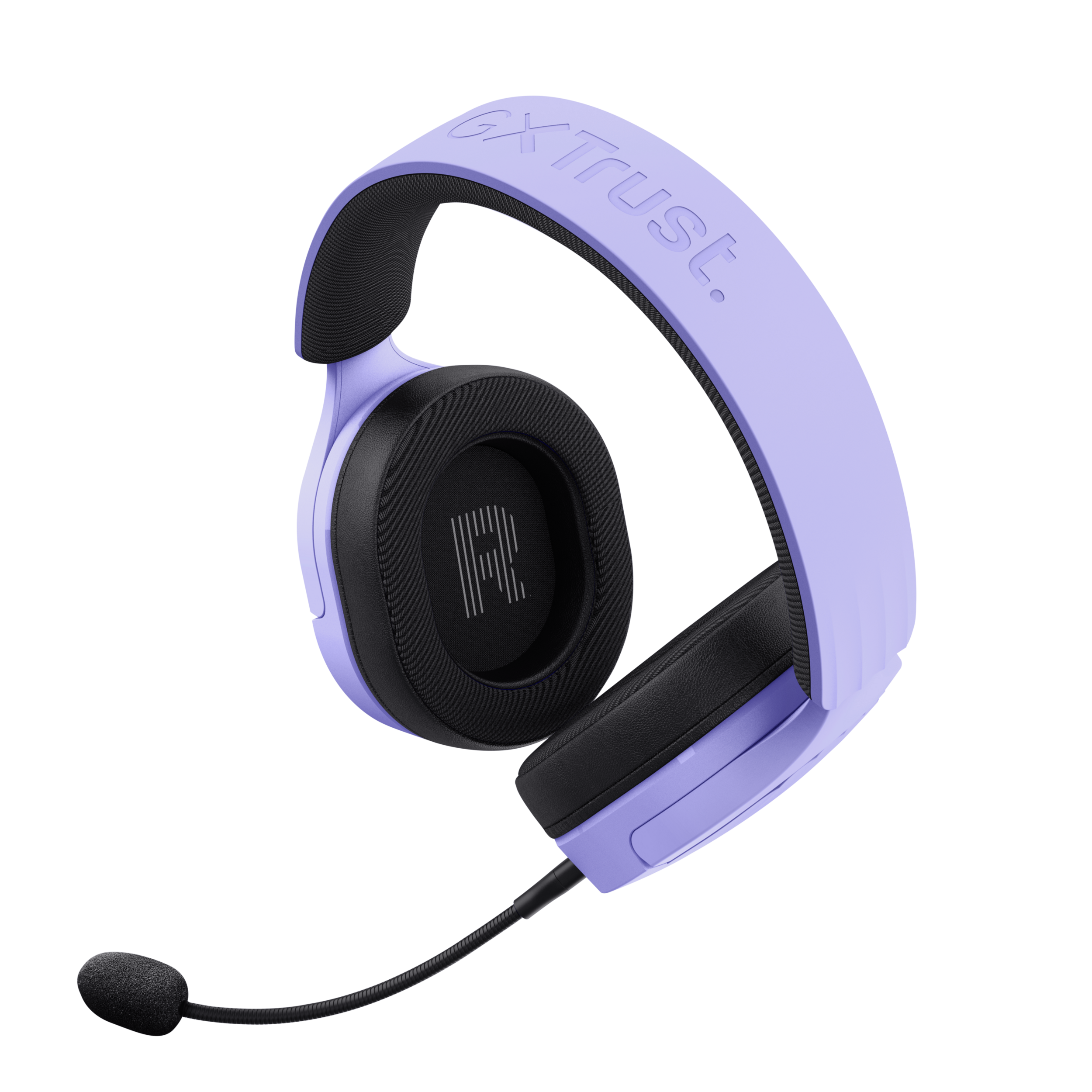 Fioletowe słuchawki, czarne nauszniki i mikrofon, pod kątem, czarne tło.