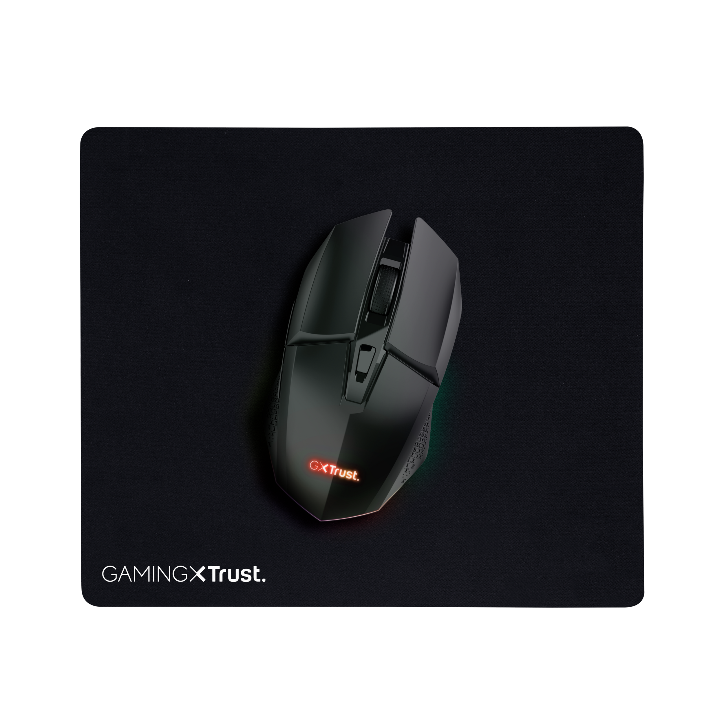 Czarna mysz z czerwonym logo na czarnej podkładce. Mysz ma nowoczesny design.