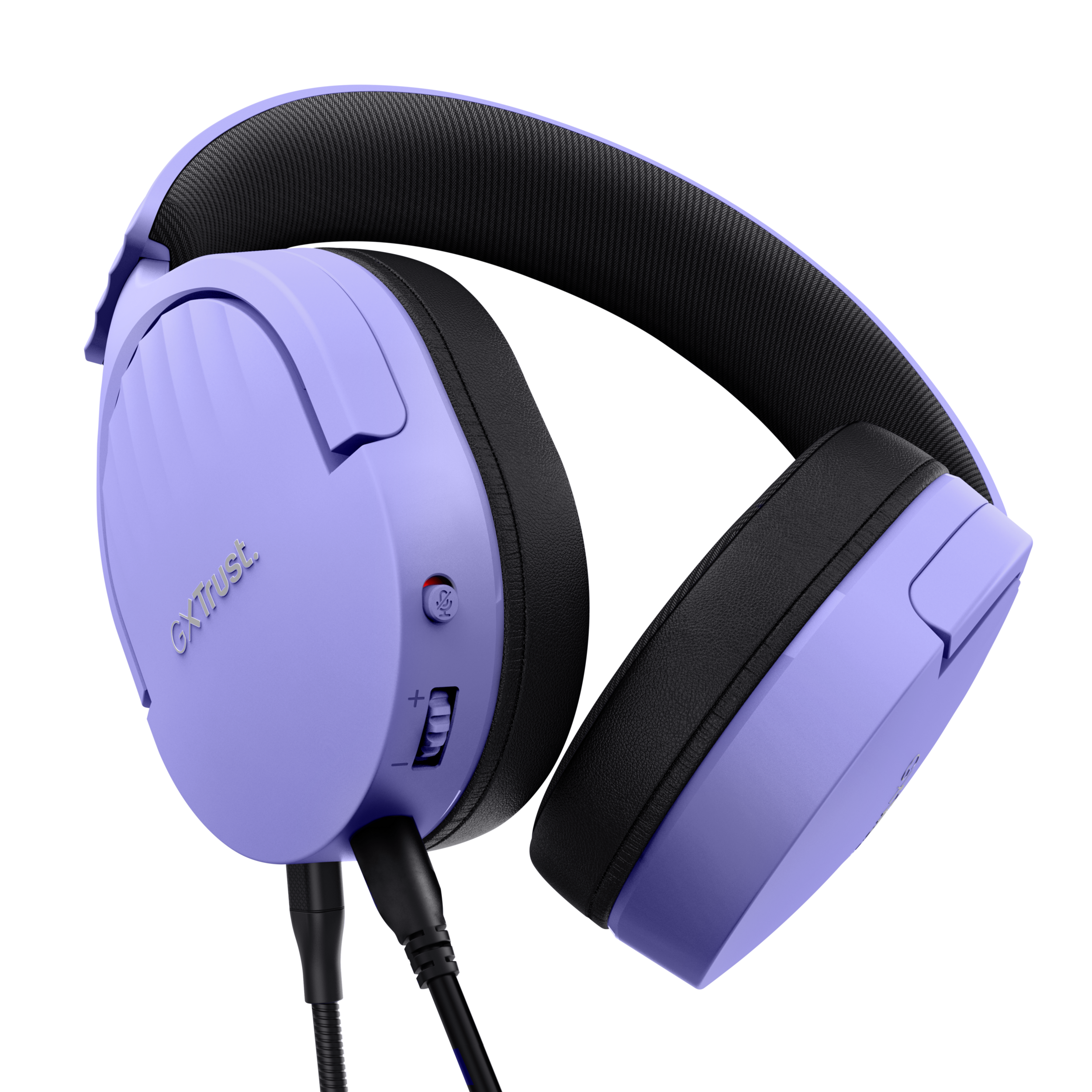 Para fioletowych słuchawek z czarnymi nausznikami i wejściem na mikrofon.