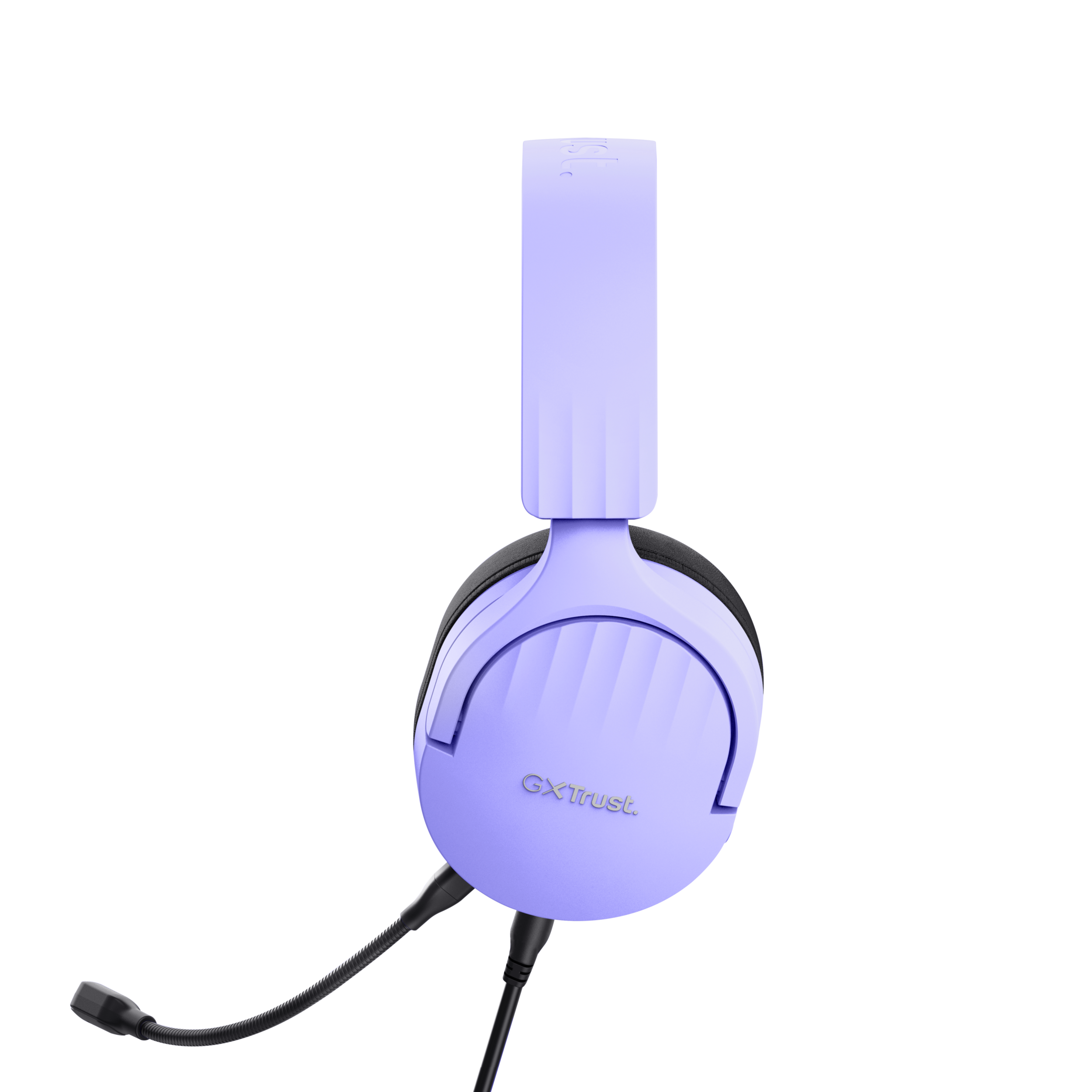 Fioletowe słuchawki z mikrofonem na czarnym tle.