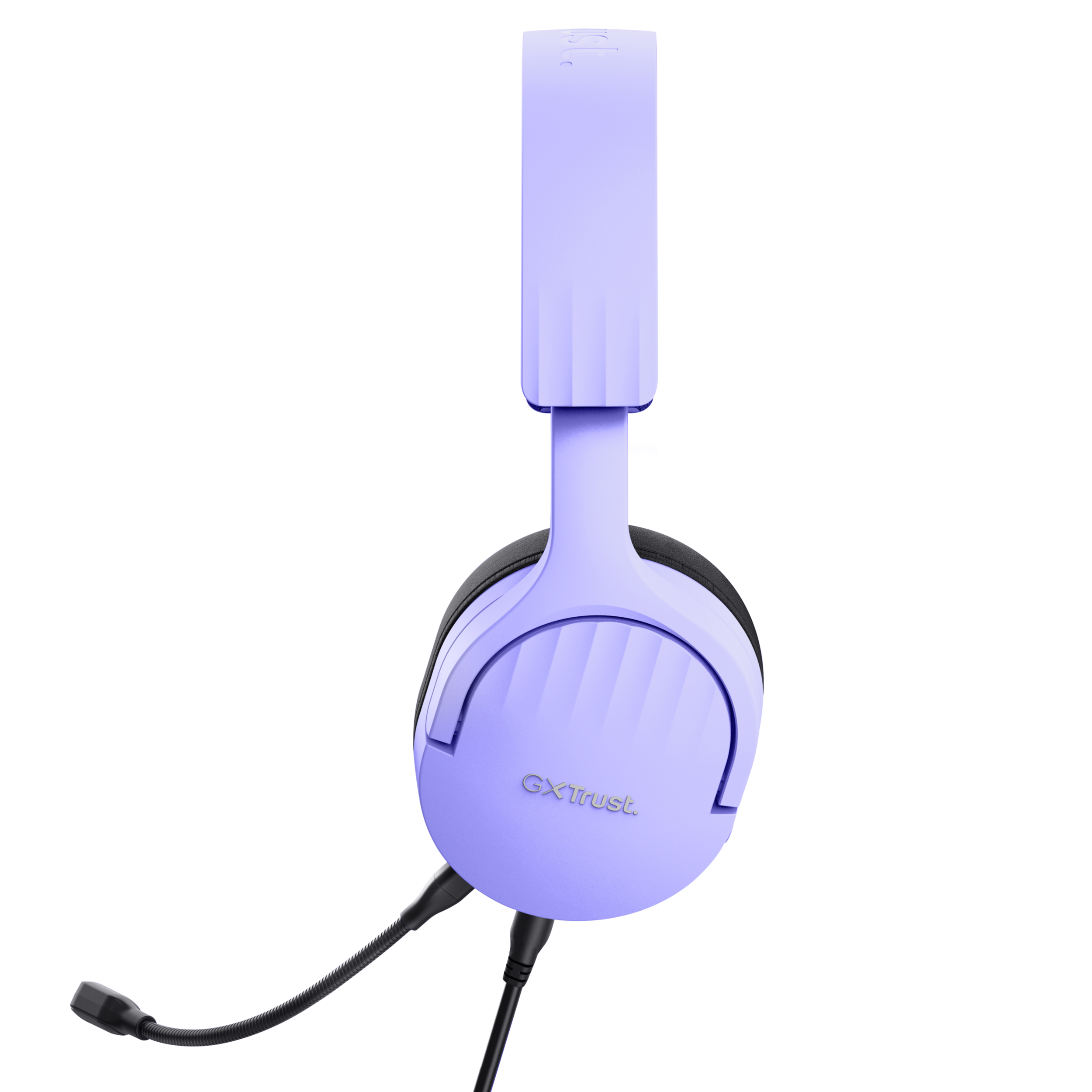 Fioletowe słuchawki do gier z czarnym kablem i mikrofonem. Widoczna jest nazwa marki.