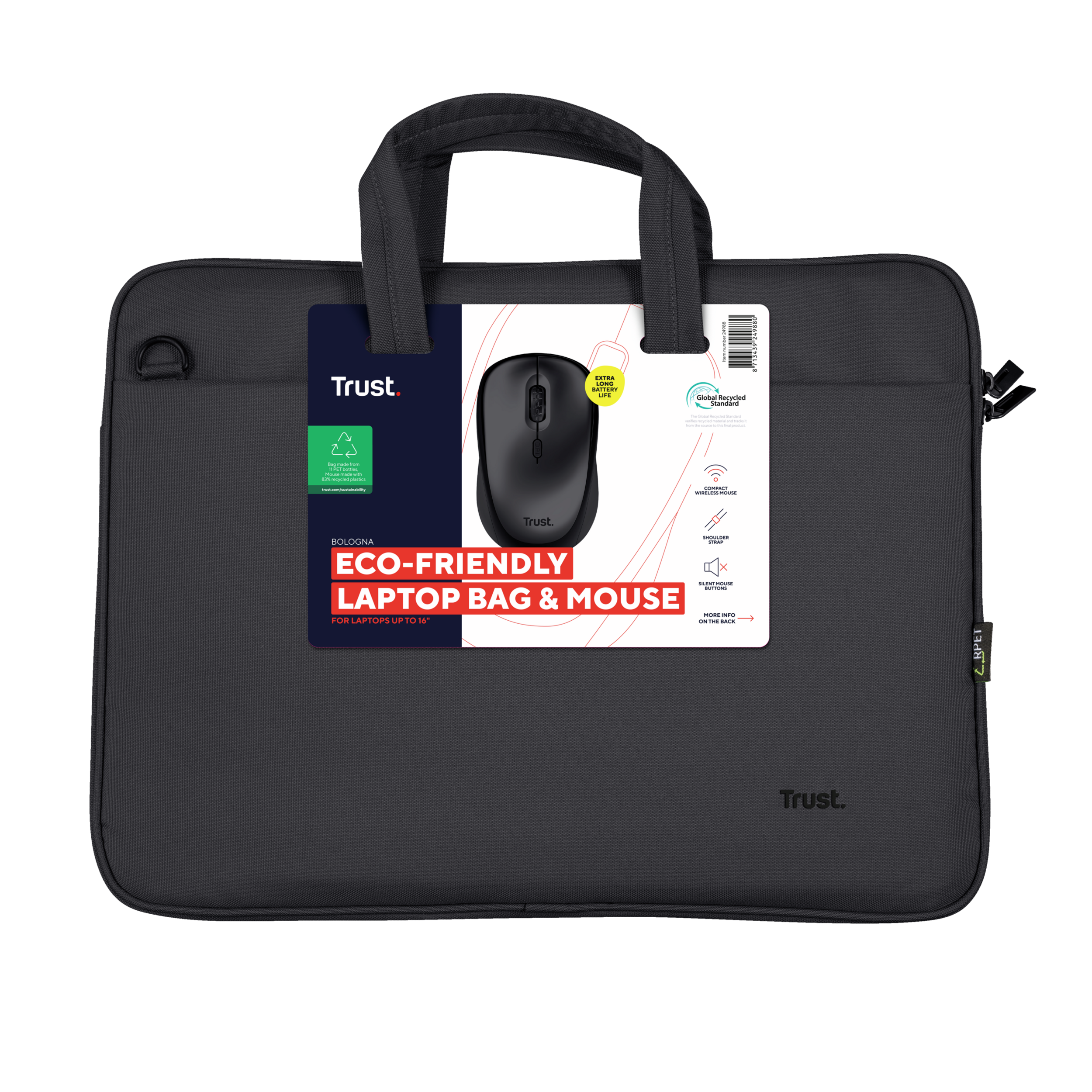 Sacoche d'ordinateur portable noire avec une souris. Possède une étiquette avec une description.