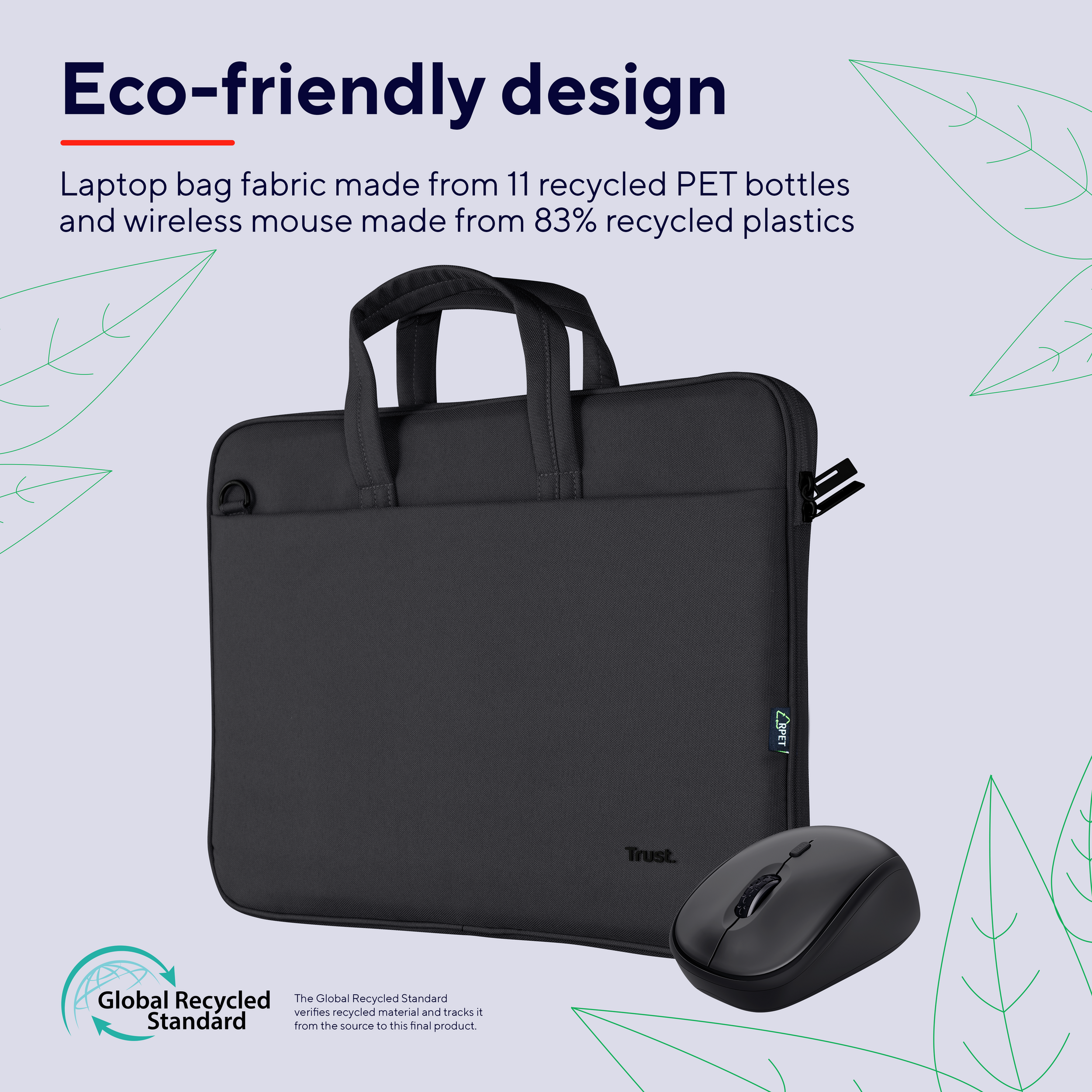 Sacoche pour ordinateur portable et souris. Le texte indique qu'ils sont fabriqués à partir de matériaux recyclés. Fond blanc.