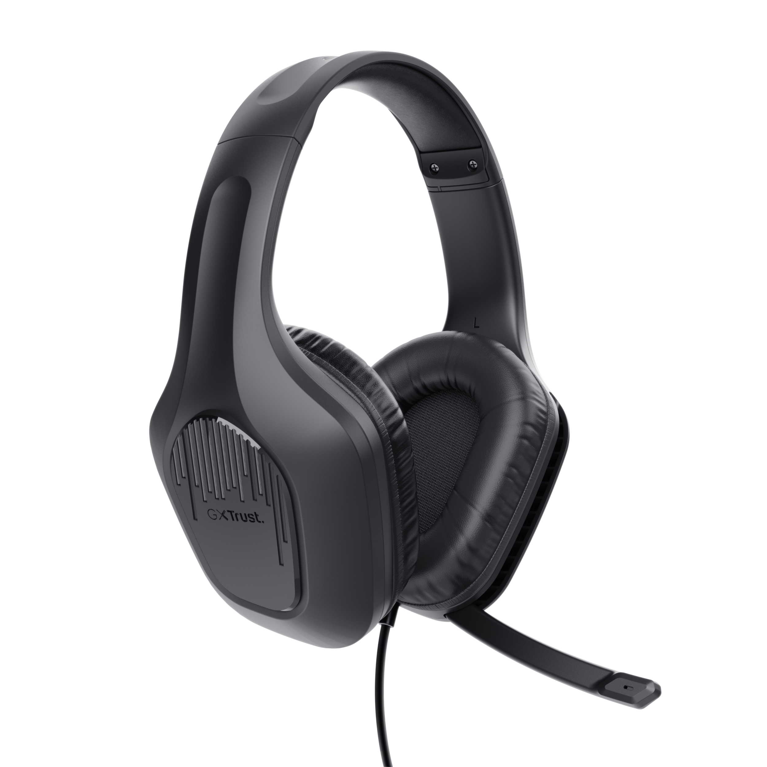 Czarne słuchawki z mikrofonem. Słuchawki mają wyściełany pałąk i nauszniki.