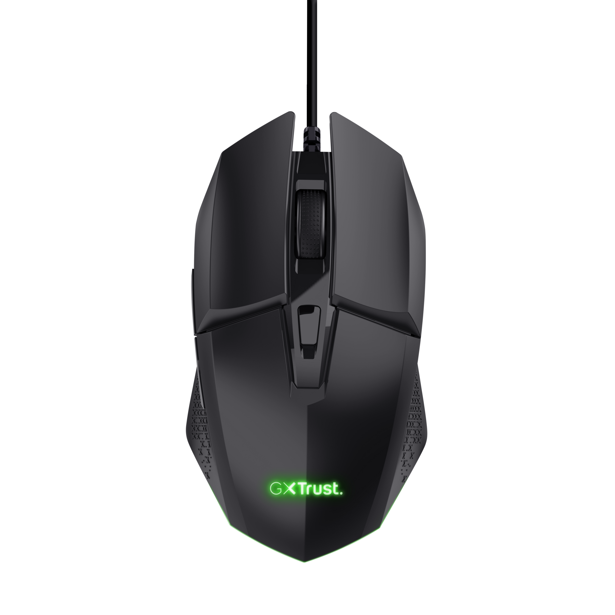 Czarna mysz gamingowa z zielonym światłem na dole. Logo Trust GX.