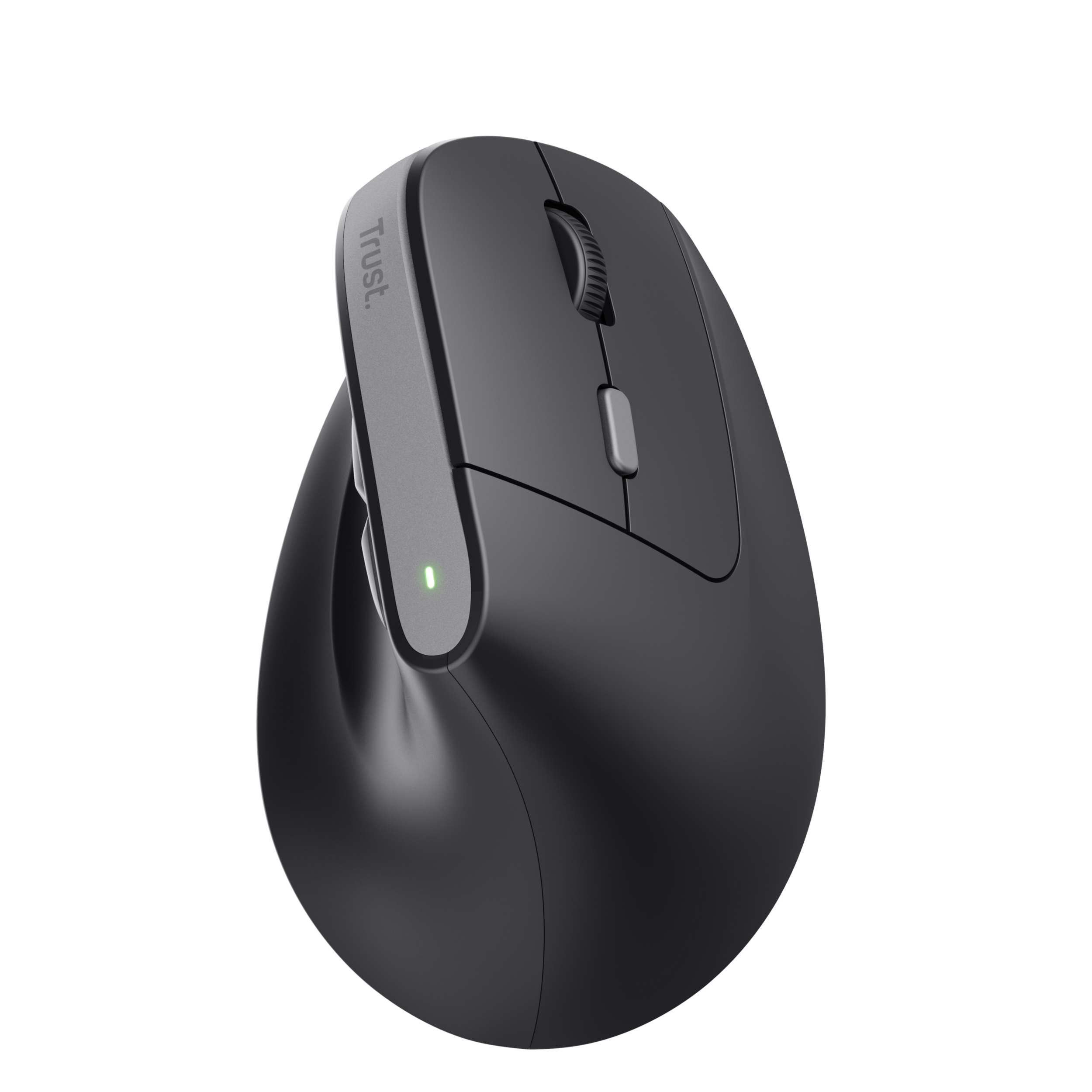 Czarna ergonomiczna mysz z kółkiem przewijania i przyciskami. Marka 'Trust' jest widoczna.