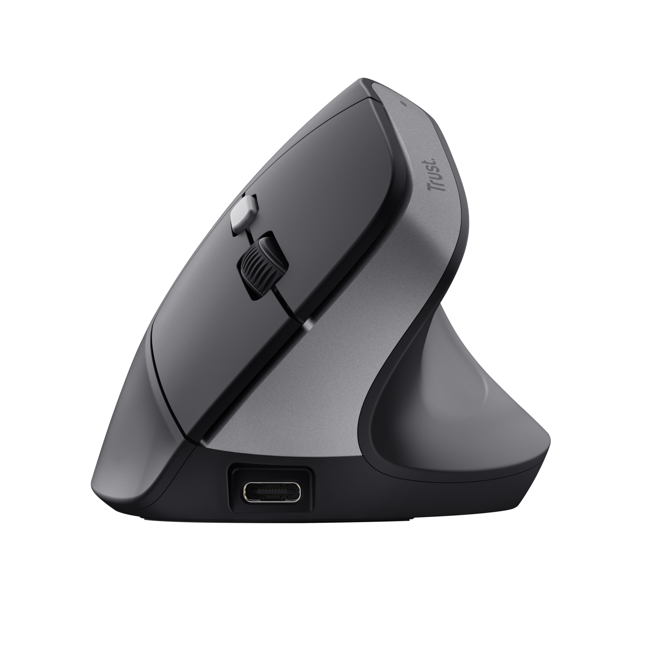 Szara i czarna mysz ergonomiczna z przyciskami i kółkiem przewijania.