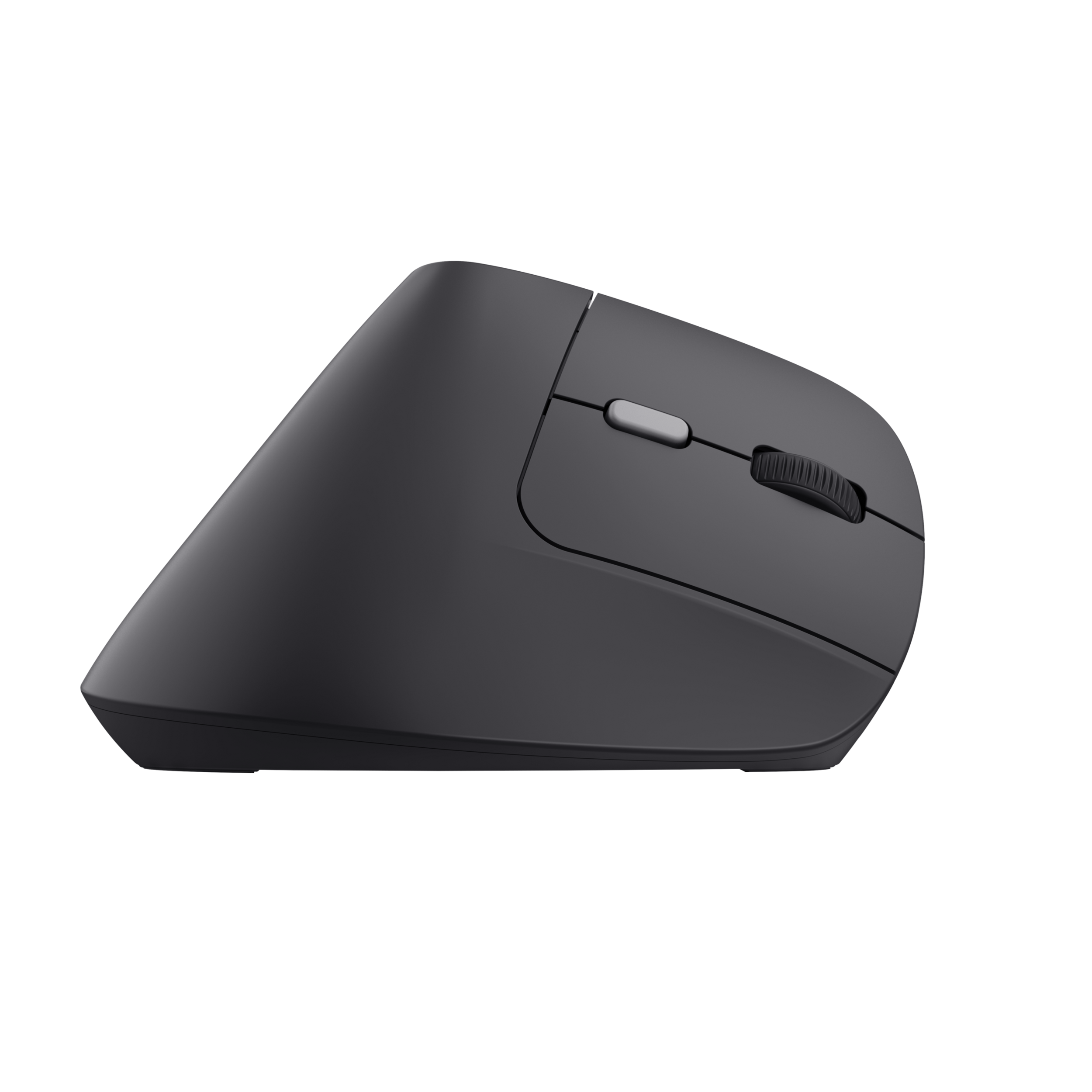 Ciemnoszara mysz ergonomiczna. Jest pochylona dla wygody, z kółkiem przewijania i przyciskami z boku.