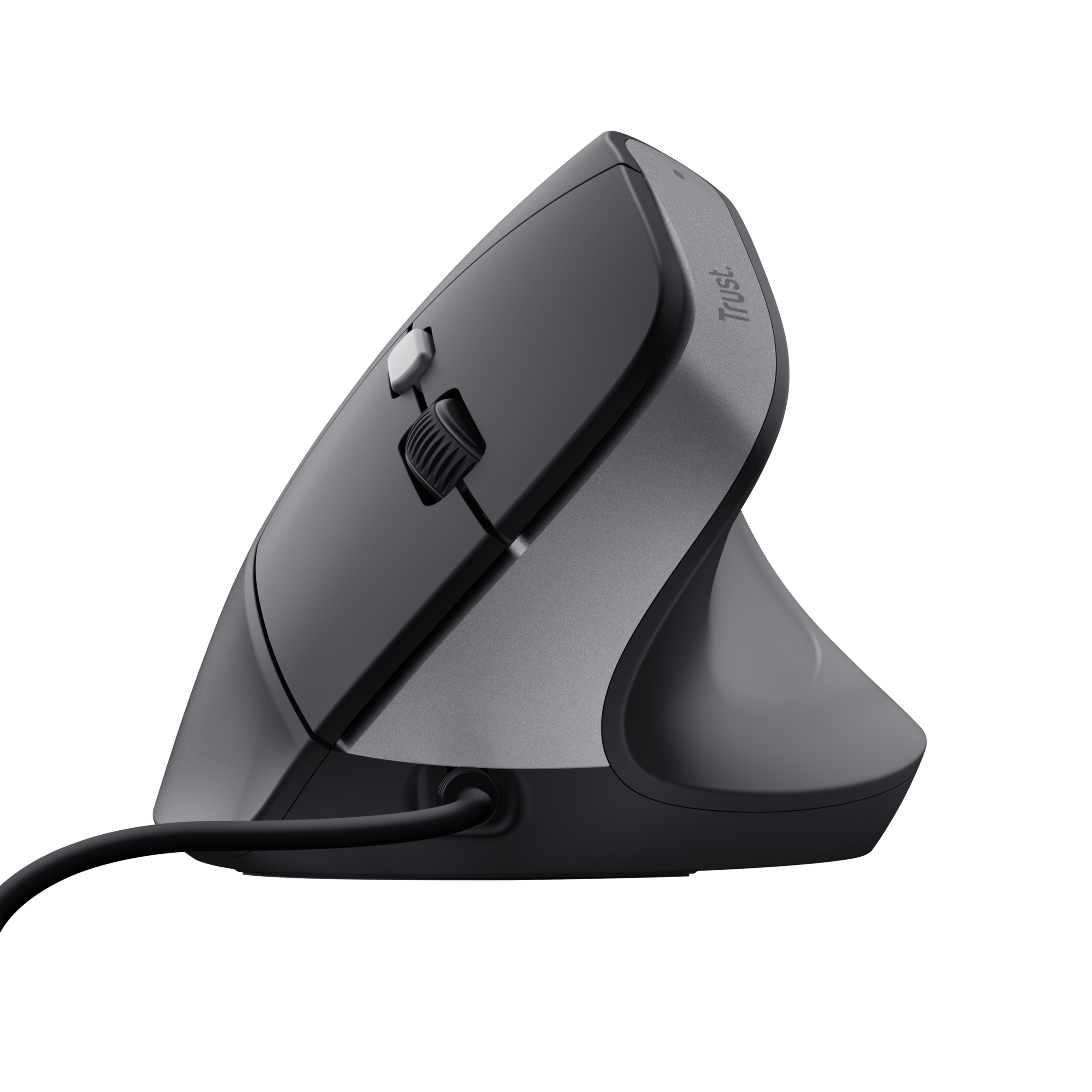 Schwarze ergonomische Maus. Sie hat ein Scrollrad und zwei Tasten. Schwarzer Hintergrund.