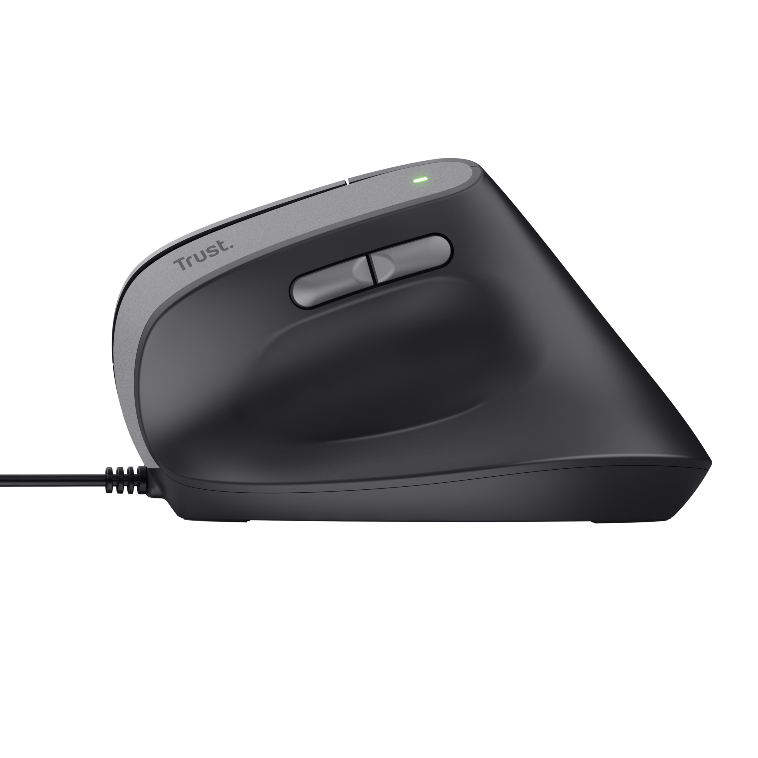 Vertikale ergonomische Maus in Schwarz und Grau mit Kabel. Hat zwei Tasten und ein Scrollrad.