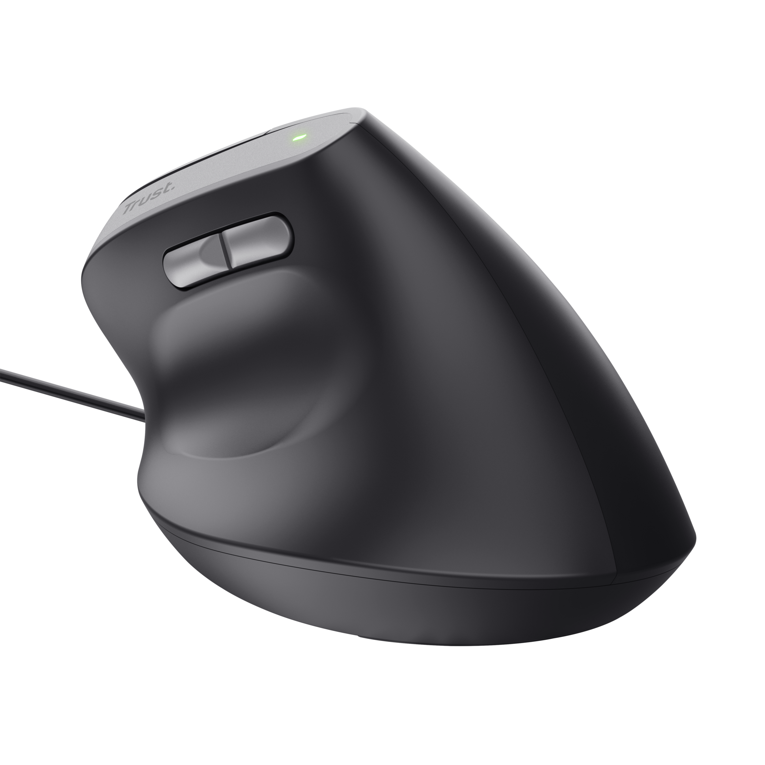 Schwarze ergonomische Maus mit zwei Tasten und einem grünen Licht. Die Maus ist geneigt.