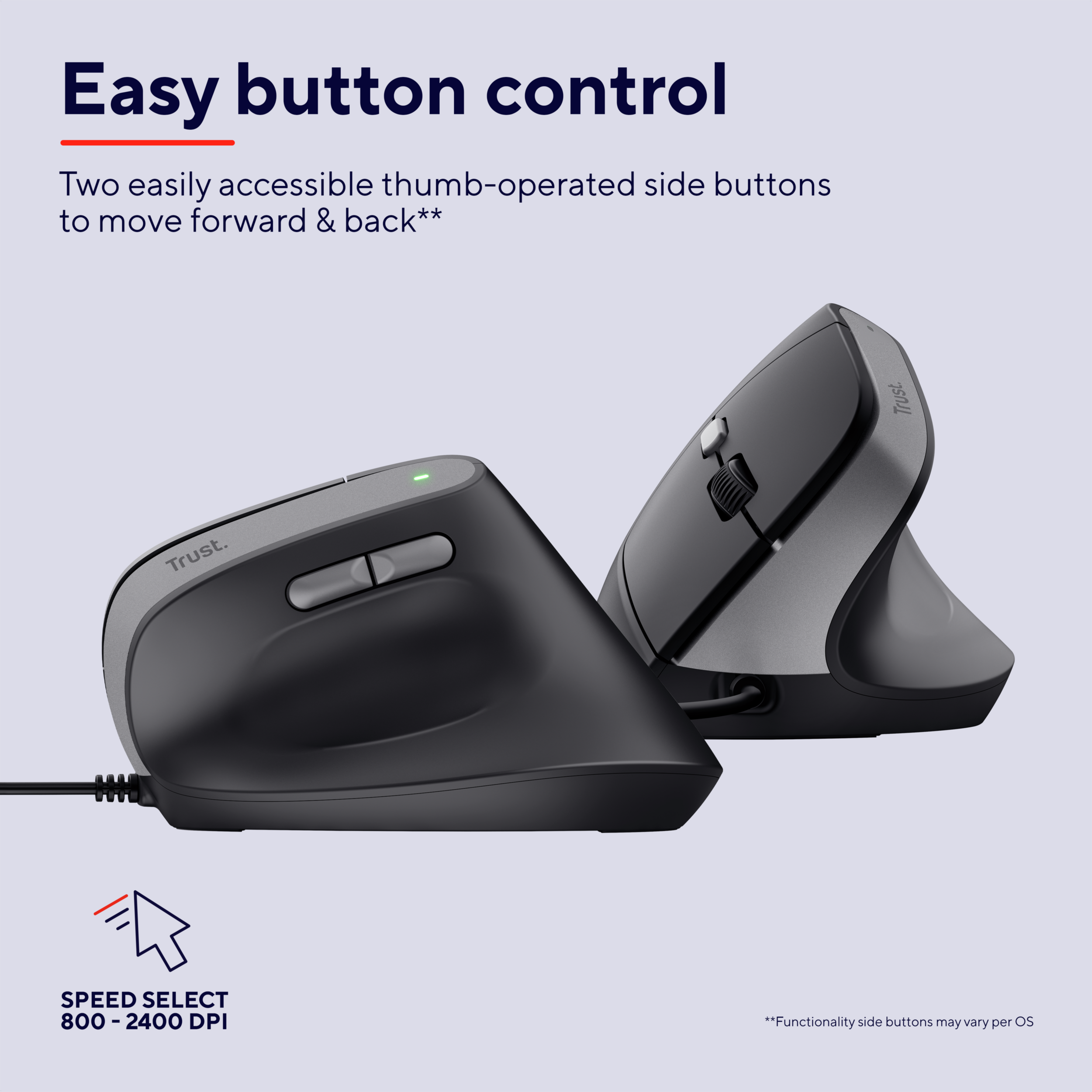 Zwei vertikale ergonomische Computermaus in Schwarz und Grau. Text lautet "Easy button control" und "Trust".