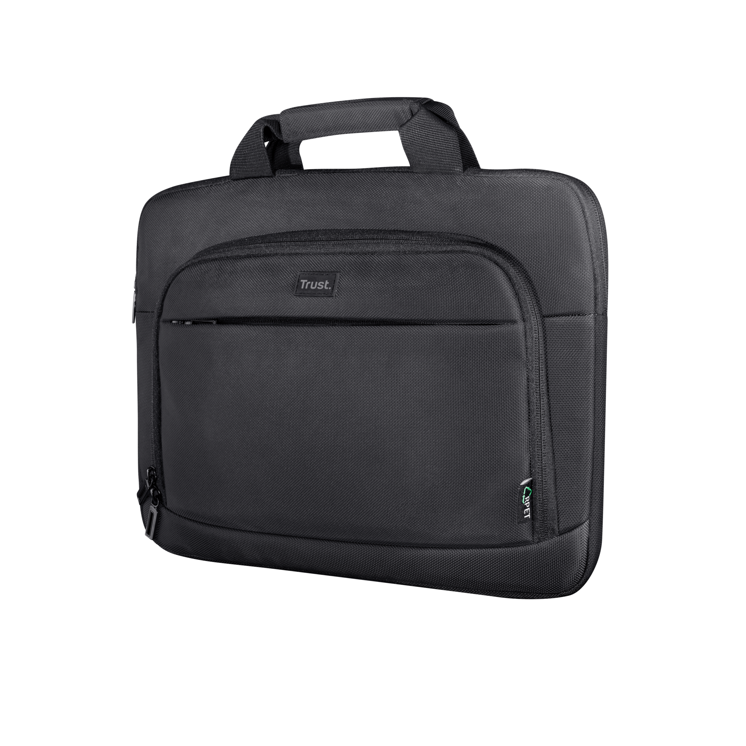 Borsa nera per laptop con manico e tasca frontale. Logo Trust.