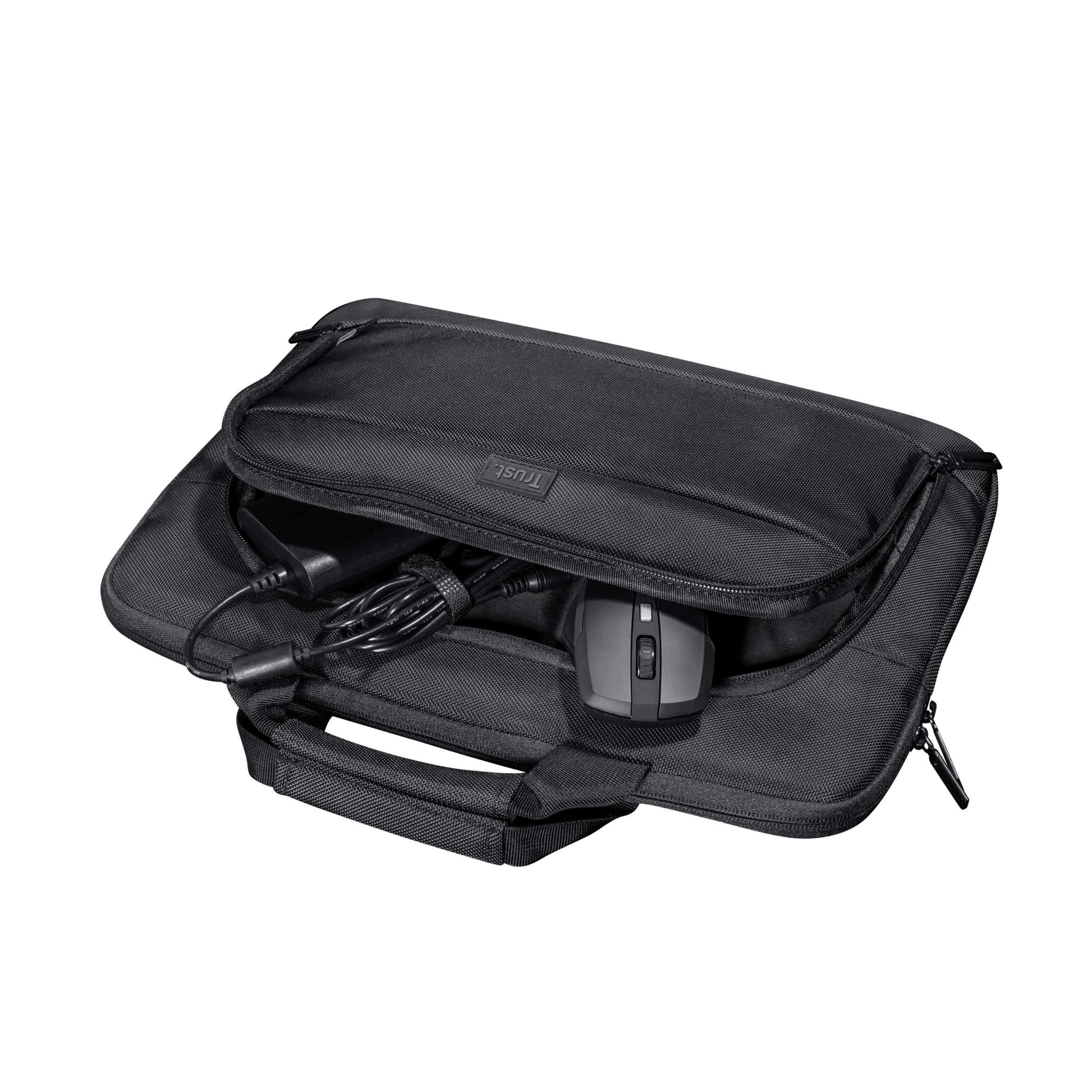 Borsa per laptop nera con cerniera aperta, che mostra mouse, caricatore e cavi all'interno.