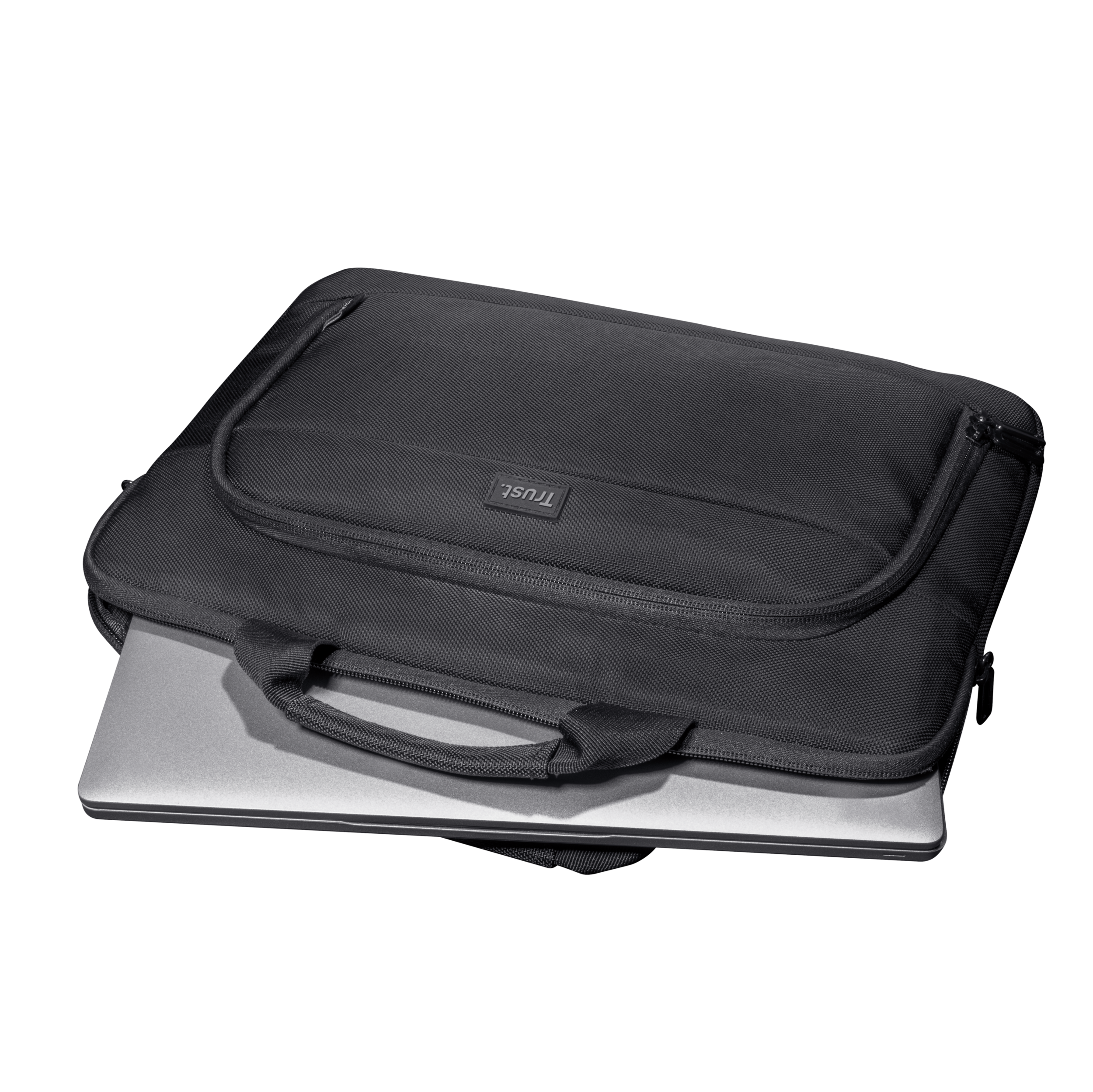 Custodia per laptop nera. Il laptop è all'interno. La custodia ha una maniglia e una cerniera.