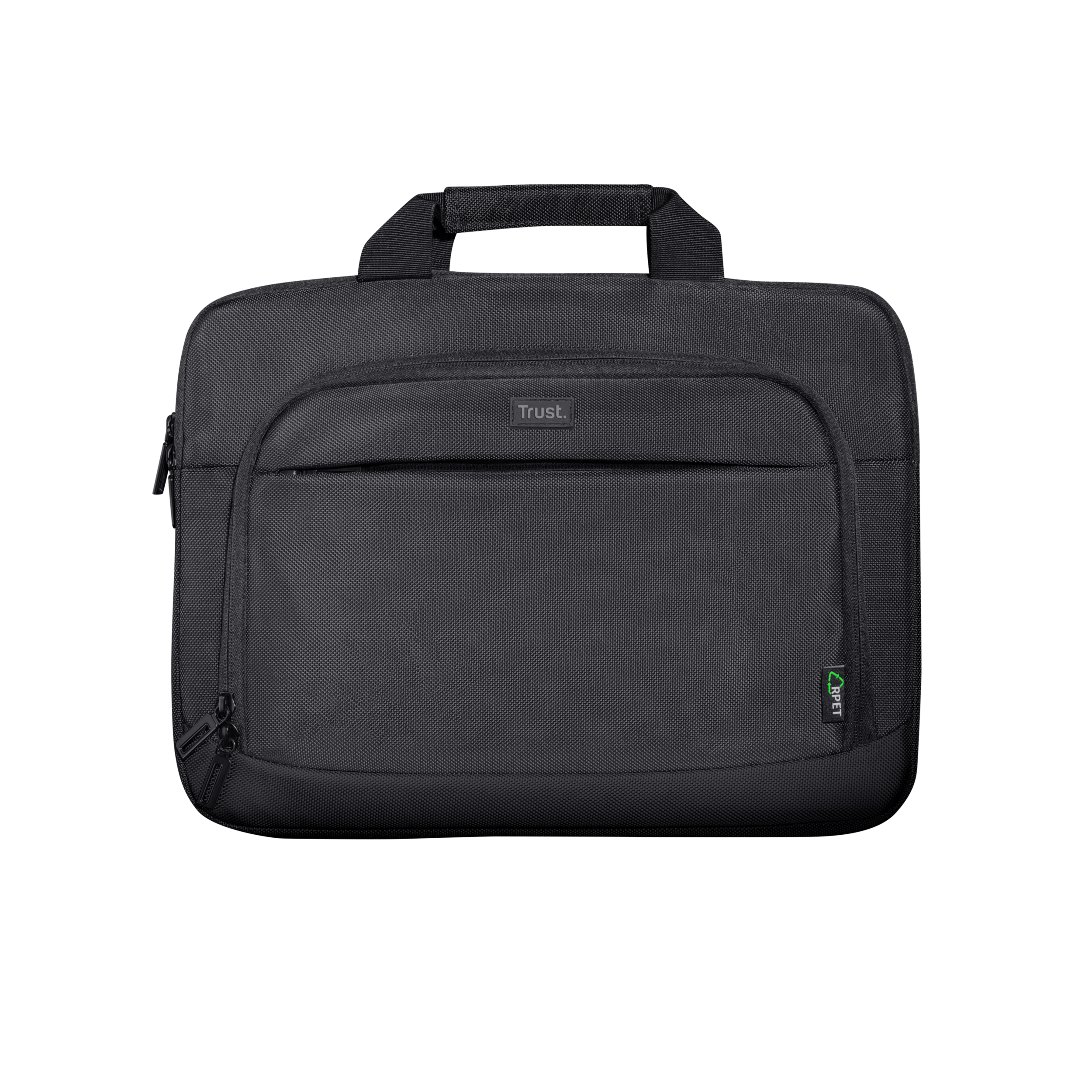 Borsa per laptop nera con logo Trust ed etichetta verde 7PET. Sfondo nero.