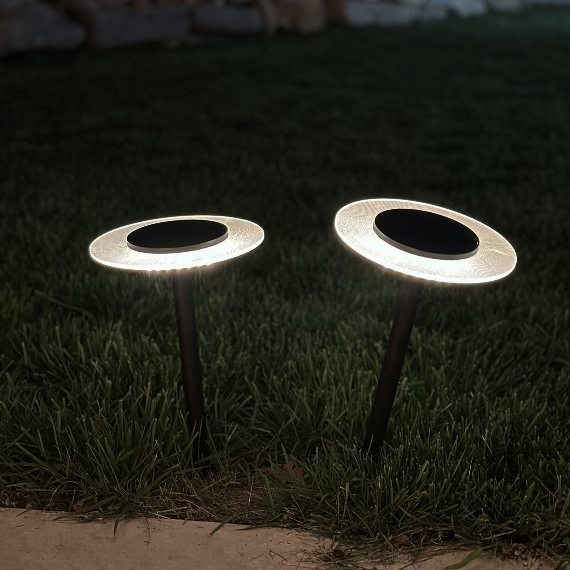 Zwei Außenleuchten auf Gras bei Nacht. Kreisförmige Lichter mit dunklen Zentren.