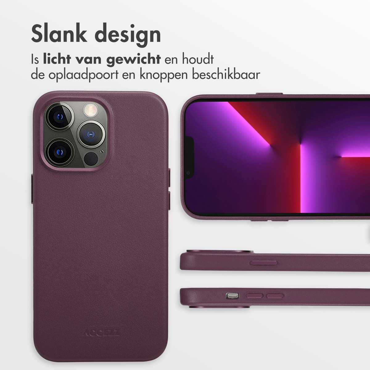 Coque de téléphone violette avec un téléphone. La coque est de couleur unie et a du texte en bas.