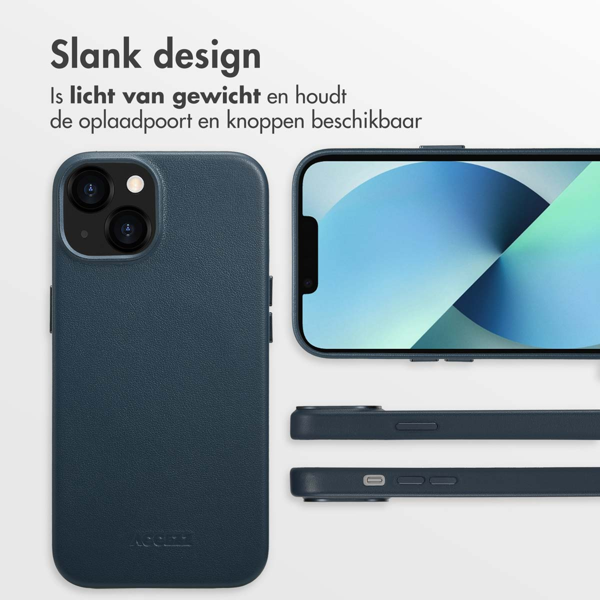 Een donkerblauwe telefoonhoes, die de telefoon met het scherm en de knoppen laat zien.