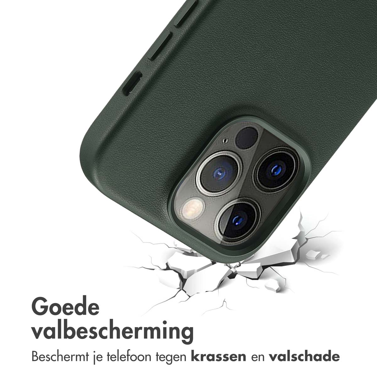 Une coque de téléphone verte brisant du béton blanc. Texte : bonne protection contre les chutes.