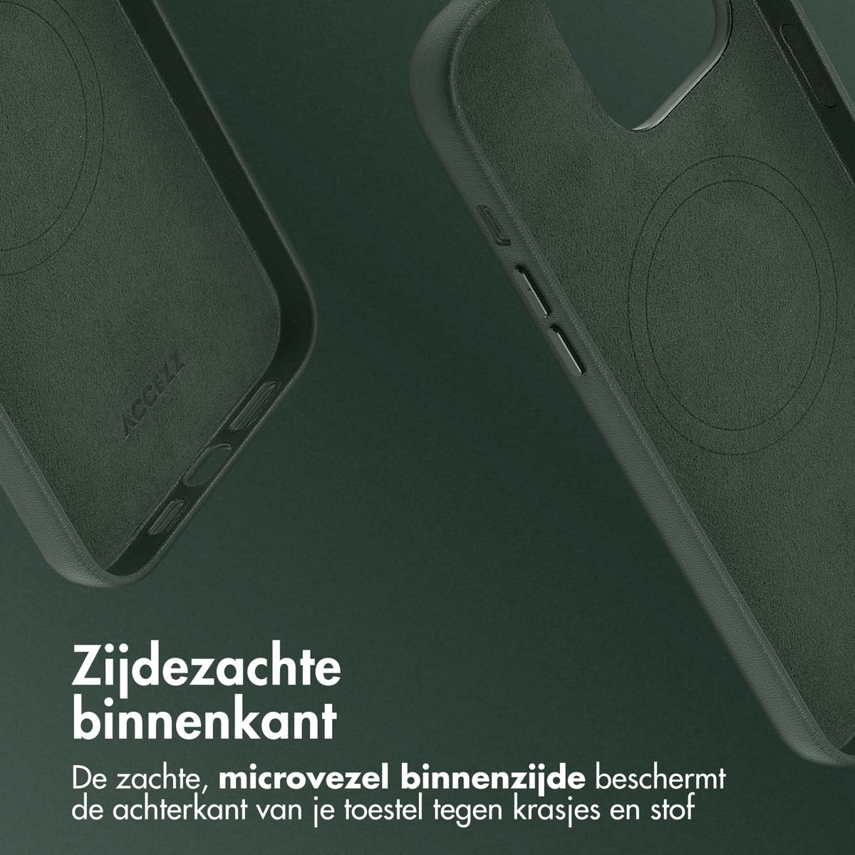 Close-up van de binnenkant van de telefoonhoes. Tekst: Zachte binnenkant. Microvezel beschermt.