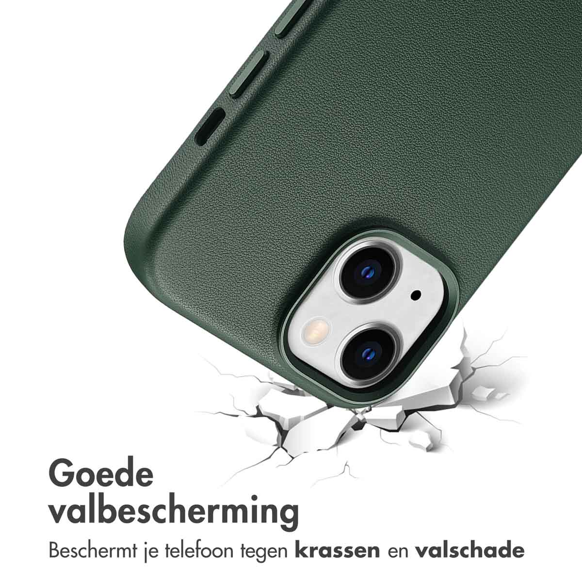 Groene telefoonhoes met telefoon en gebarsten grond. Tekst: Goede valbescherming. Beschermt tegen krassen en schade.