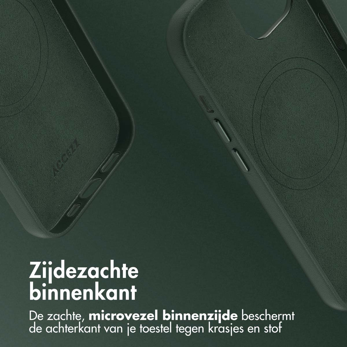 Close-up van de binnenkant van de telefoonhoes. Tekst: Zachte binnenkant. Microvezel beschermt.