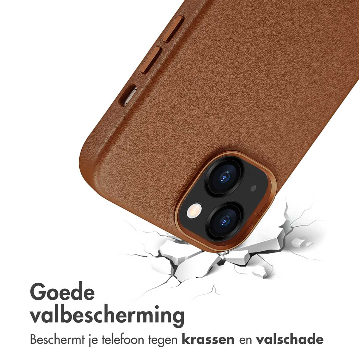 Coque marron avec téléphone et sol fissuré. Texte: Bonne protection antichute. Protège des rayures et dommages.