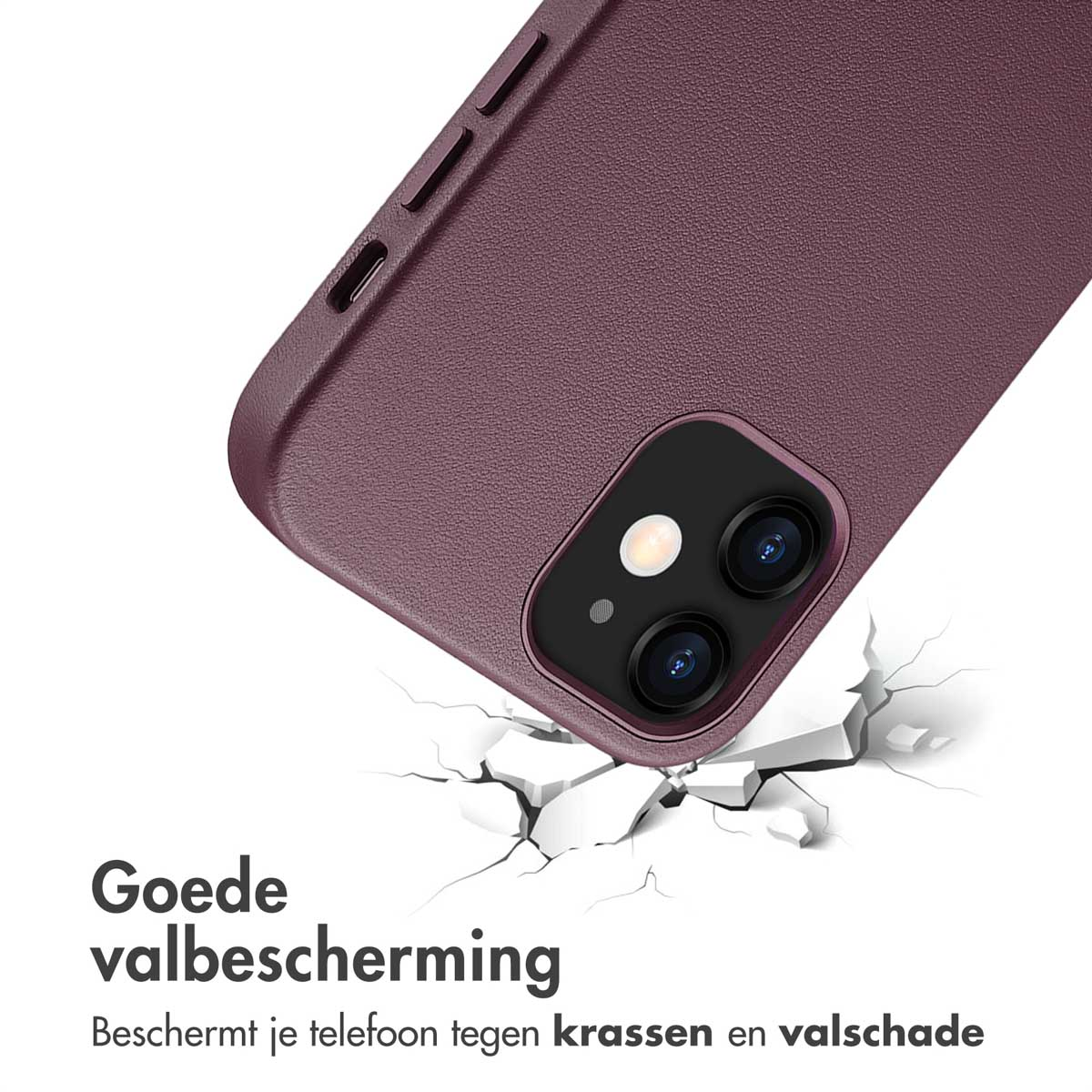 Lila Handyhülle, die den Schutz vor Beschädigungen zeigt. Text auf Niederländisch über den Telefonschutz.