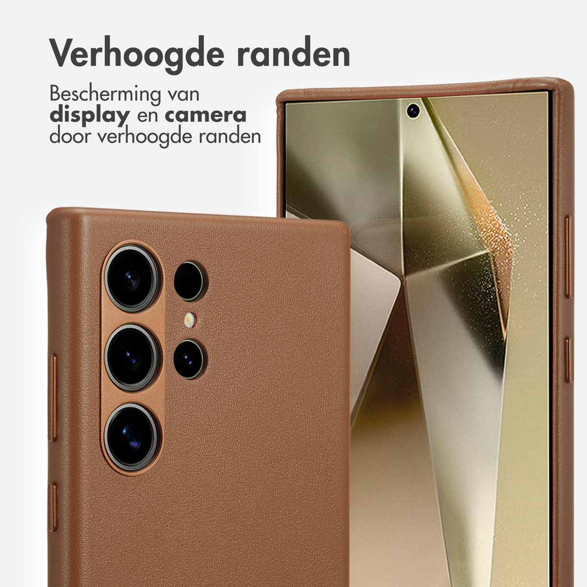 Bruine telefoonhoes met verhoogde randen beschermt scherm en camera.