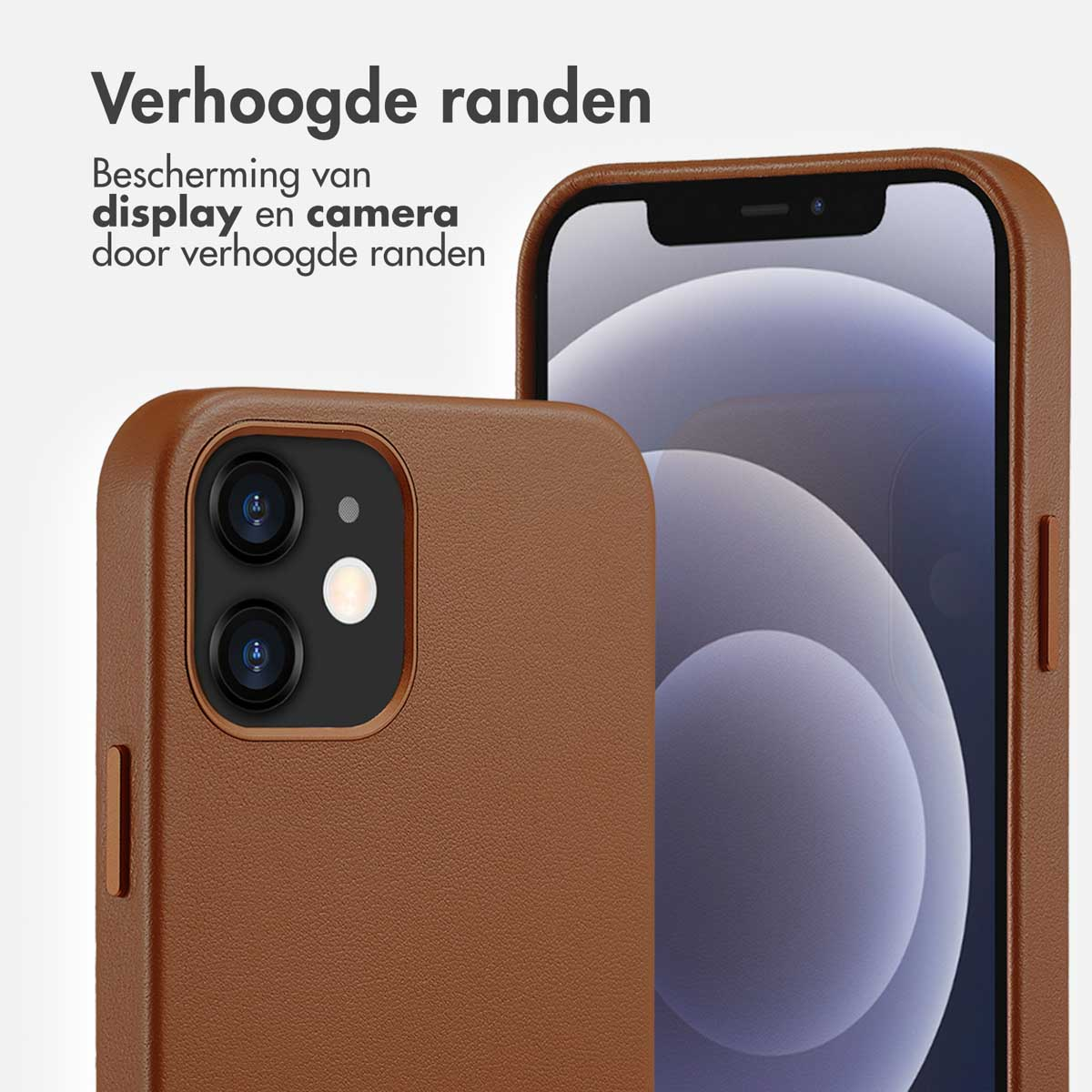 Bruine telefoonhoes. Toont de camera en telefoonfuncties. Witte achtergrond.