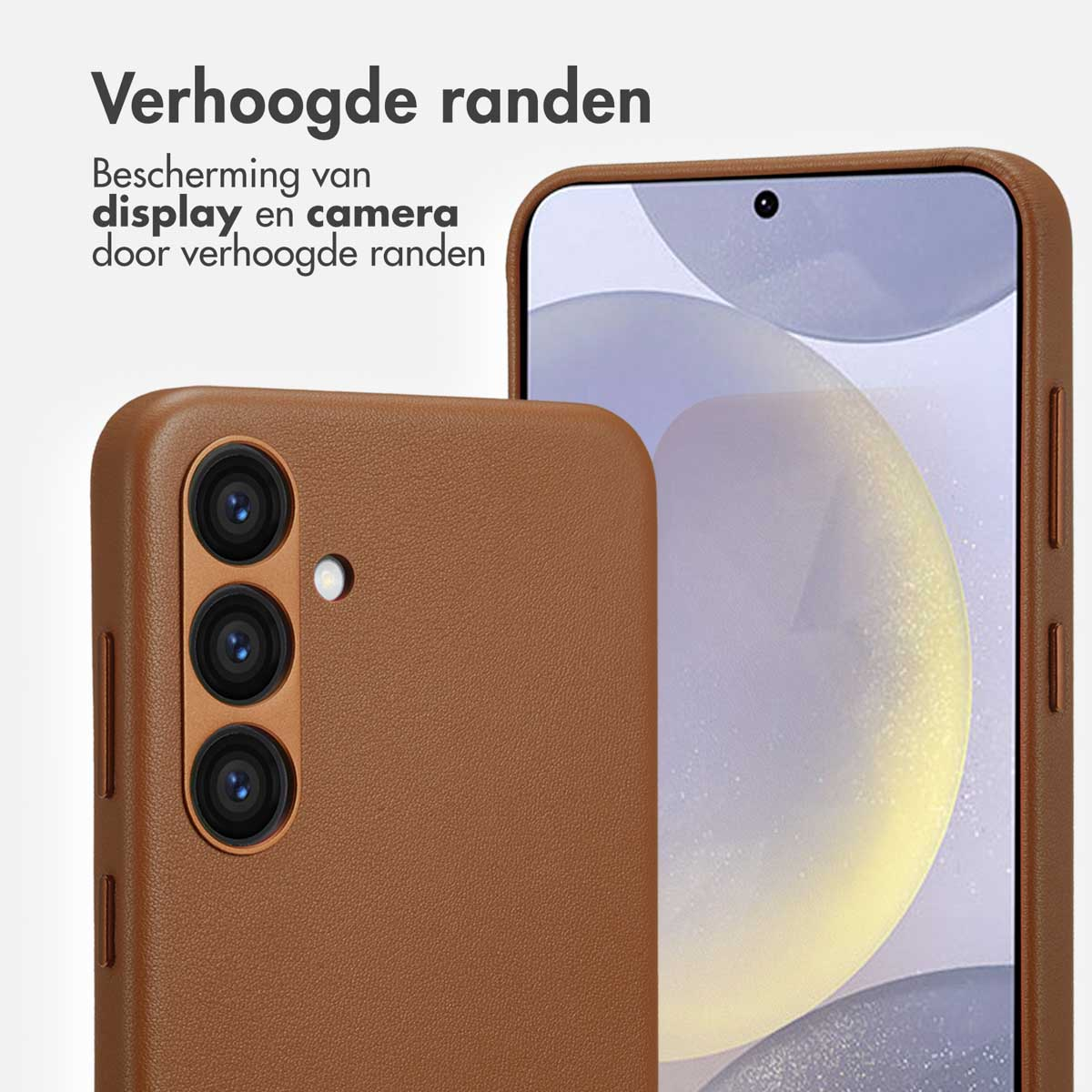 Bruine telefoonhoes met telefoon. Tekst: Verhoogde randen. Display- en camerabescherming door verhoogde randen.