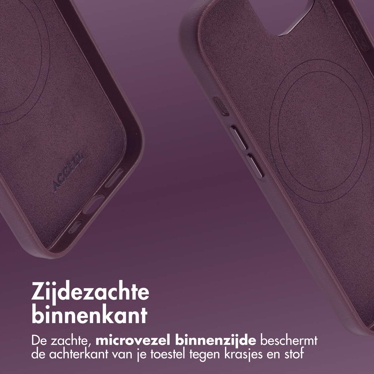 Twee paarse telefoonhoes-interieurs. De interieurs hebben een zachte, microvezelvoering. De achtergrond is een zachte, paarse gradiënt.