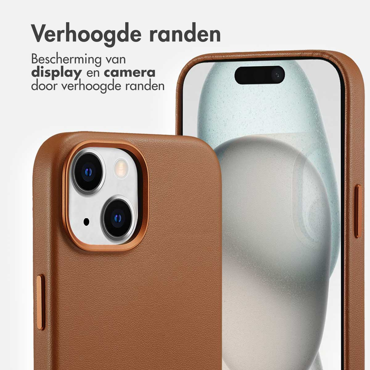 Een bruine telefoonhoes met een telefoon erin, tekst: "Verhoogde randen".