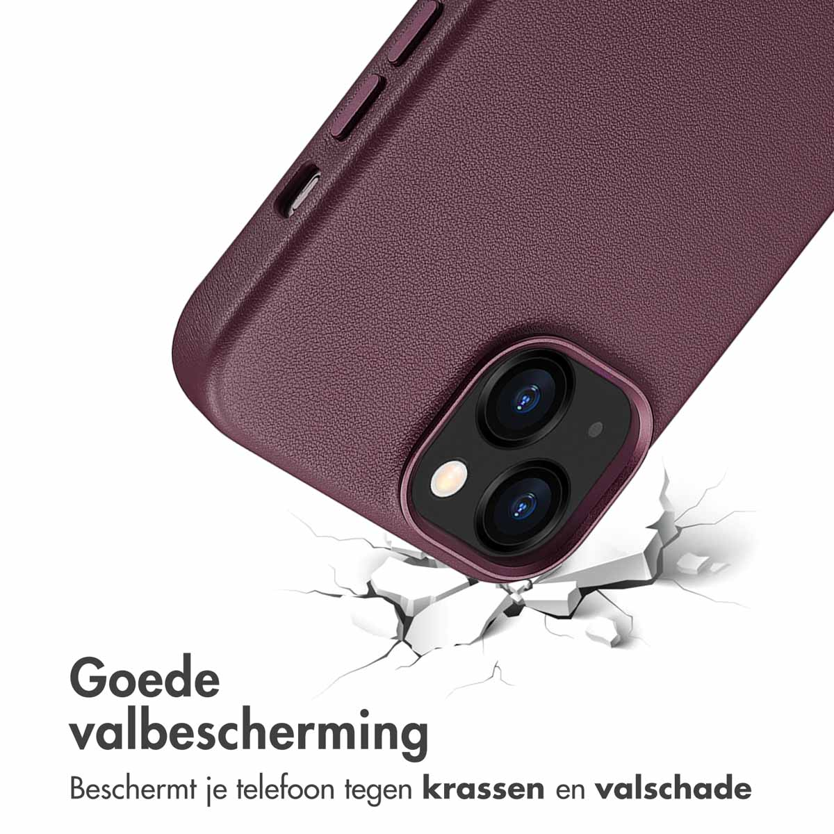 Een paarse telefoonhoes met een gebarsten oppervlak eronder, wat bescherming impliceert.
