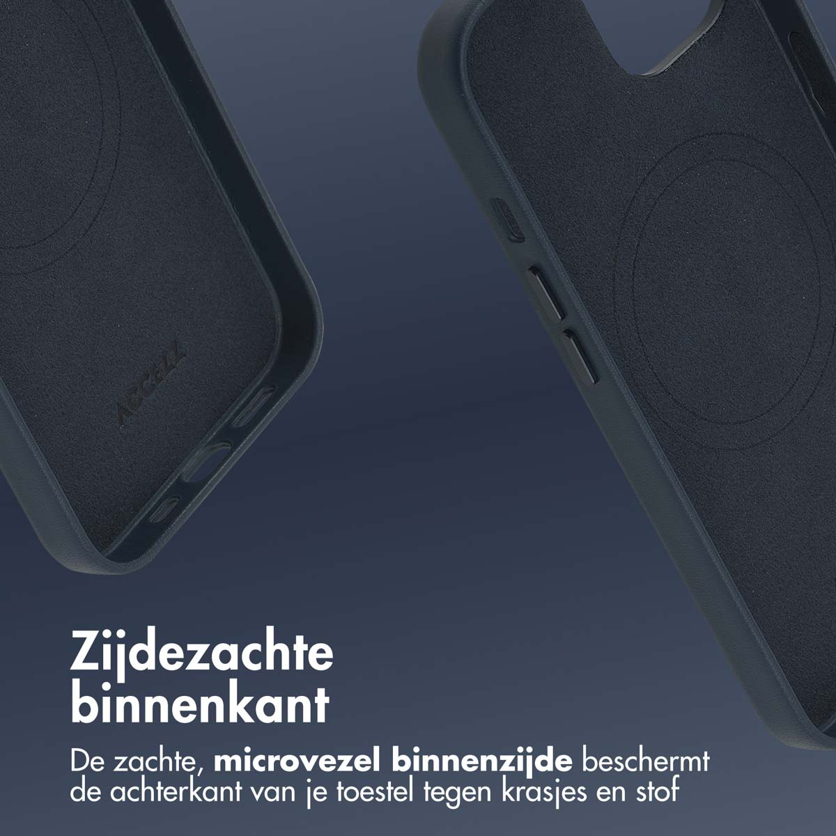 Close-up van de binnenkant van een telefoonhoesje. Tekst in het Nederlands die de zachte microvezelvoering beschrijft.