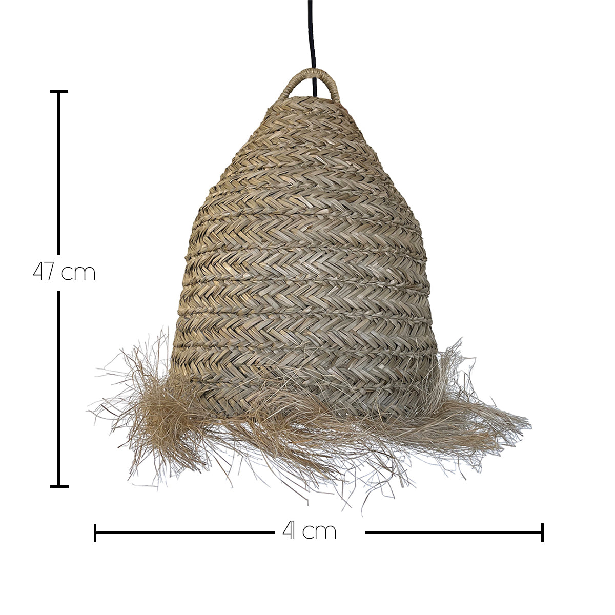 Gewebter Strohschirm mit Fransen, 47 cm hoch und 41 cm breit.