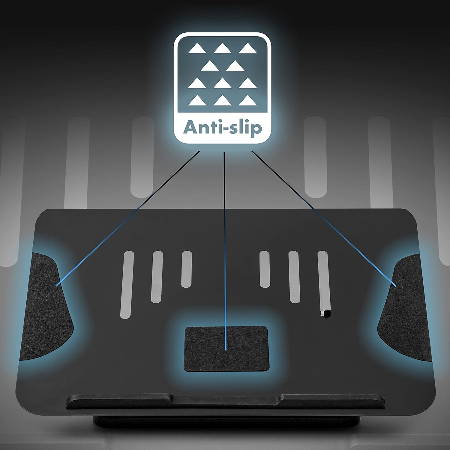 Schwarzer Laptop-Ständer mit Anti-Rutsch-Design, hervorgehoben durch blaue Lichteffekte.