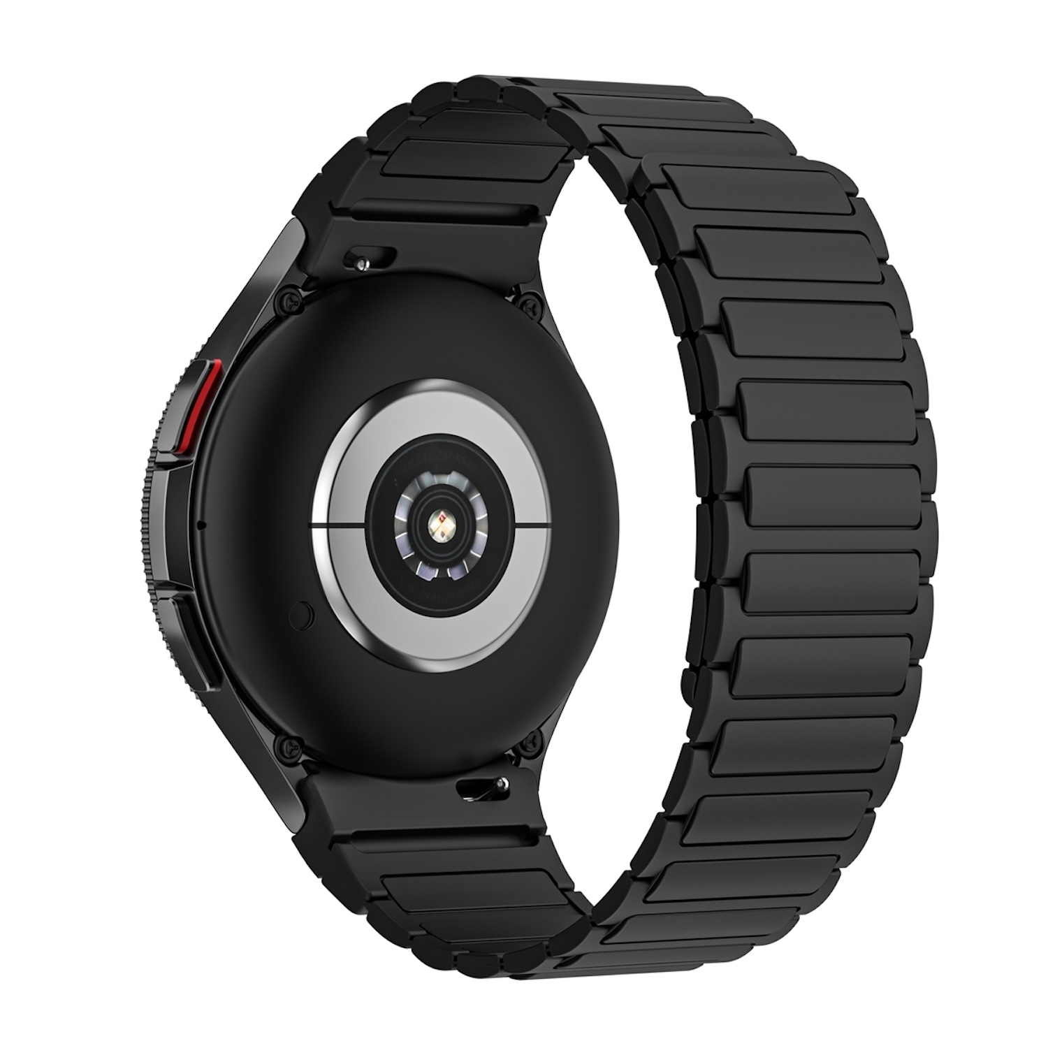 Schwarze Smartwatch mit schwarzem Metallarmband, roter Taste und Sensor. Rückansicht.