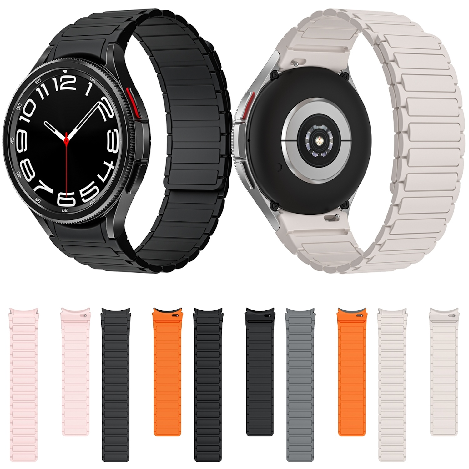 Schwarz-weiße Uhr mit Armbändern. Mehrere Uhrenarmbänder in verschiedenen Farben darunter.