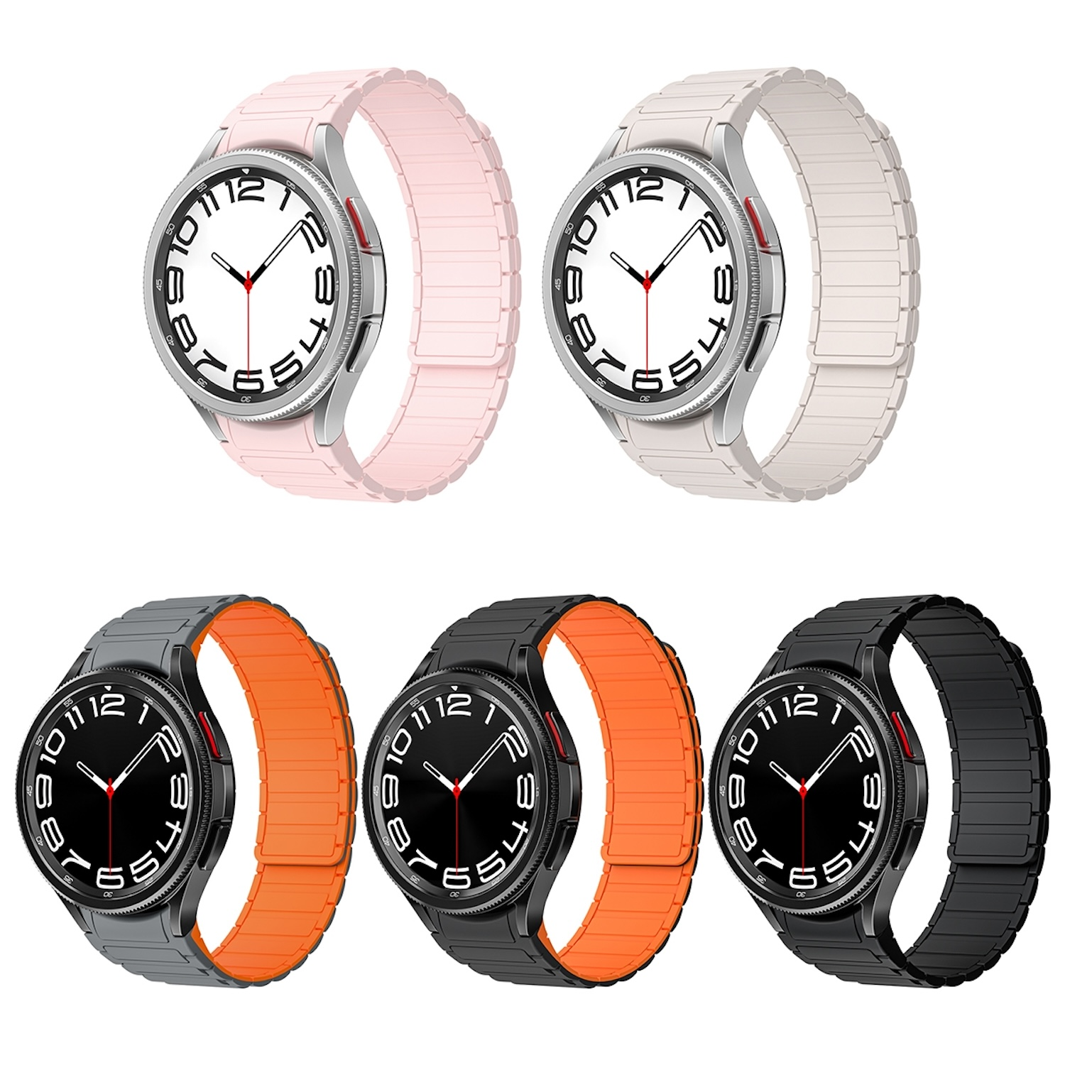 Sechs Smartwatches mit verschiedenfarbigen Armbändern: rosa, weiß, grau, orange, schwarz. Alle haben schwarze Zifferblätter.