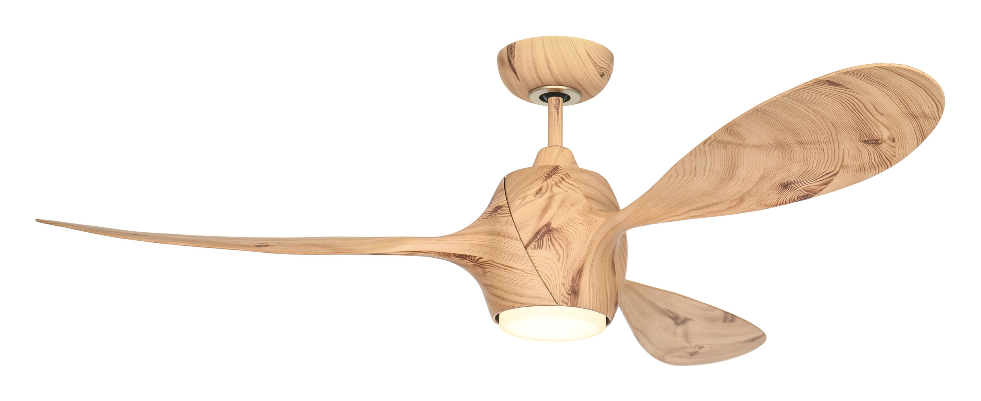 Ventilatore da soffitto in legno con tre pale e luce al centro.