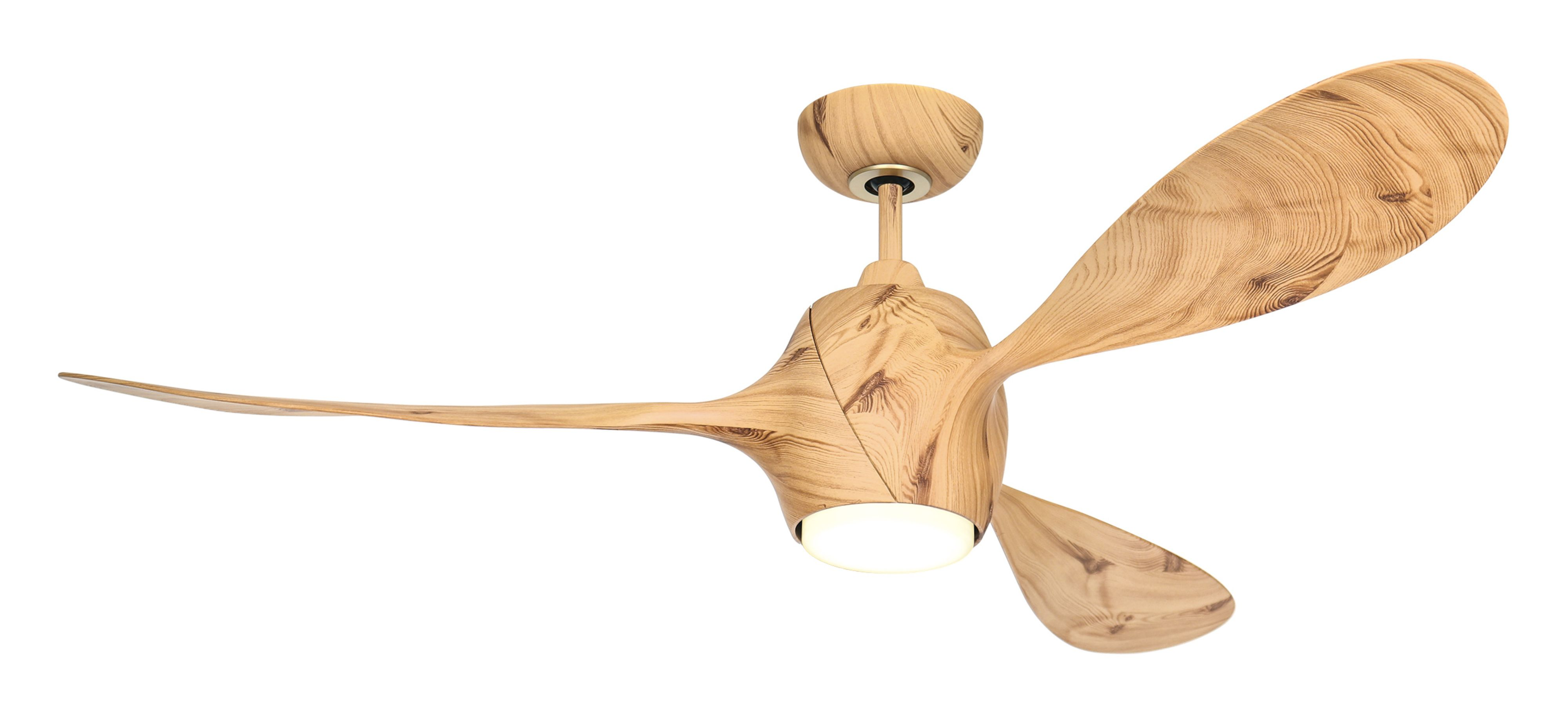 Ventilatore da soffitto in legno con tre pale, sfondo bianco.