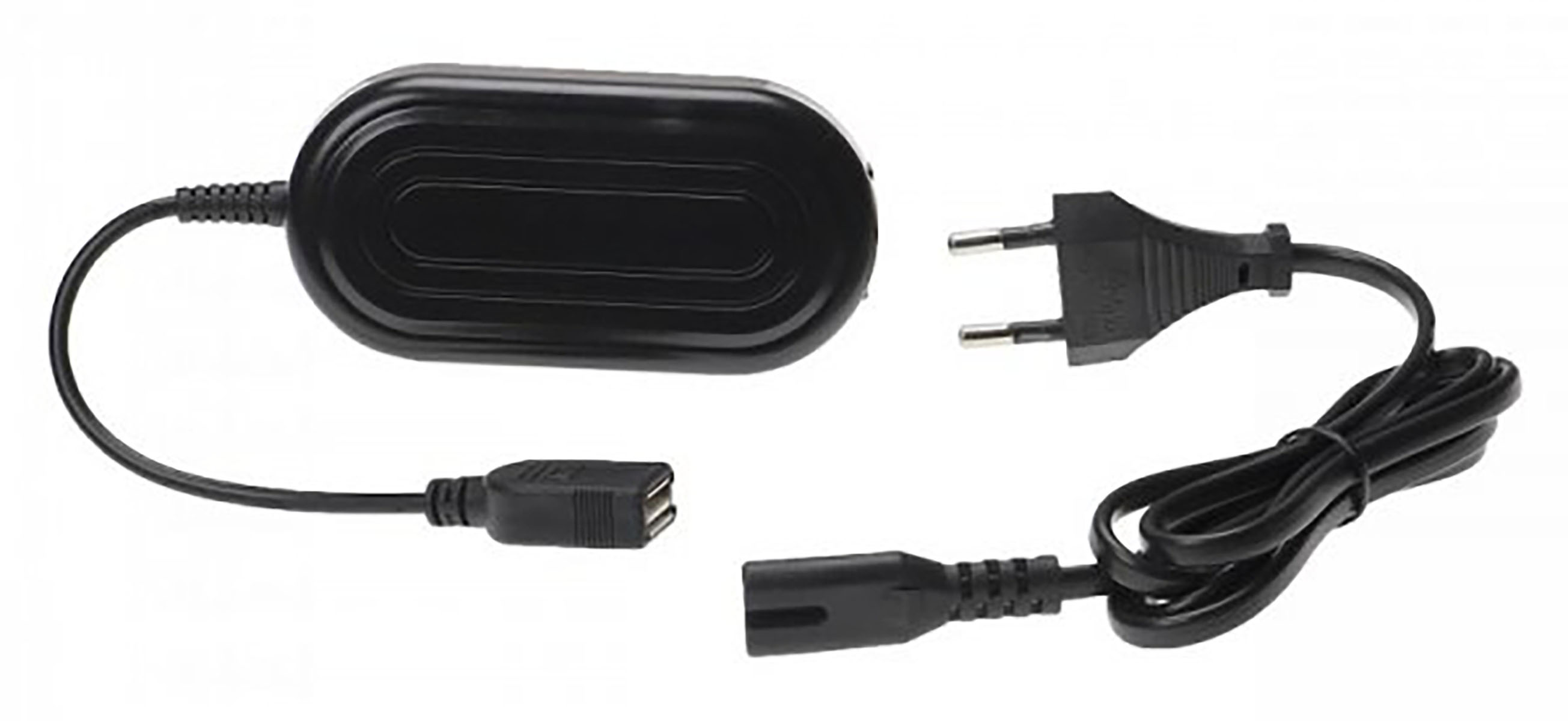 Ein schwarzes Netzteil mit USB-Kabel und Stecker. Der Stecker hat zwei Stifte.