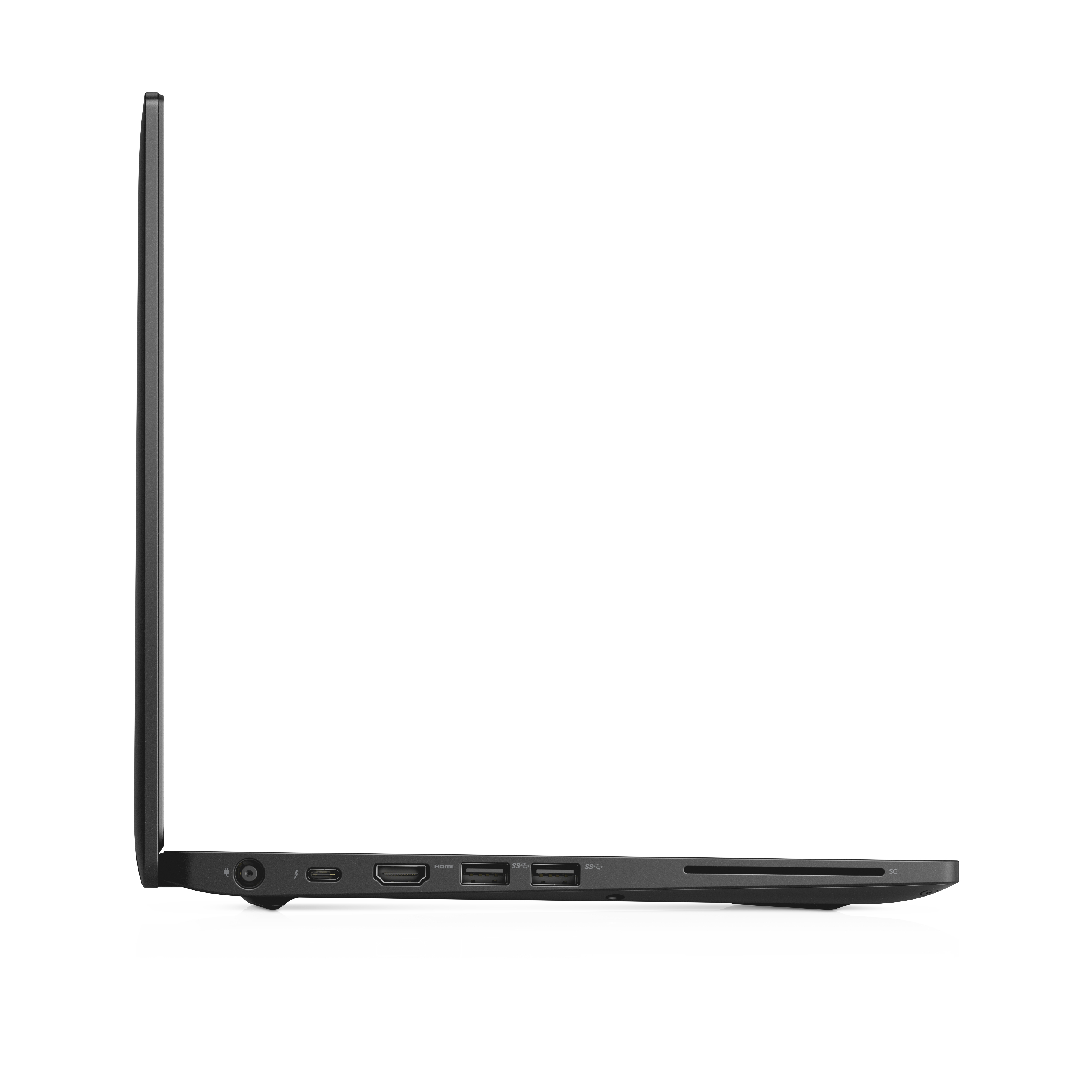 Schwarzes Laptop-Profil. Es befindet sich auf einer weißen Oberfläche. Der Bildschirm ist geschlossen.