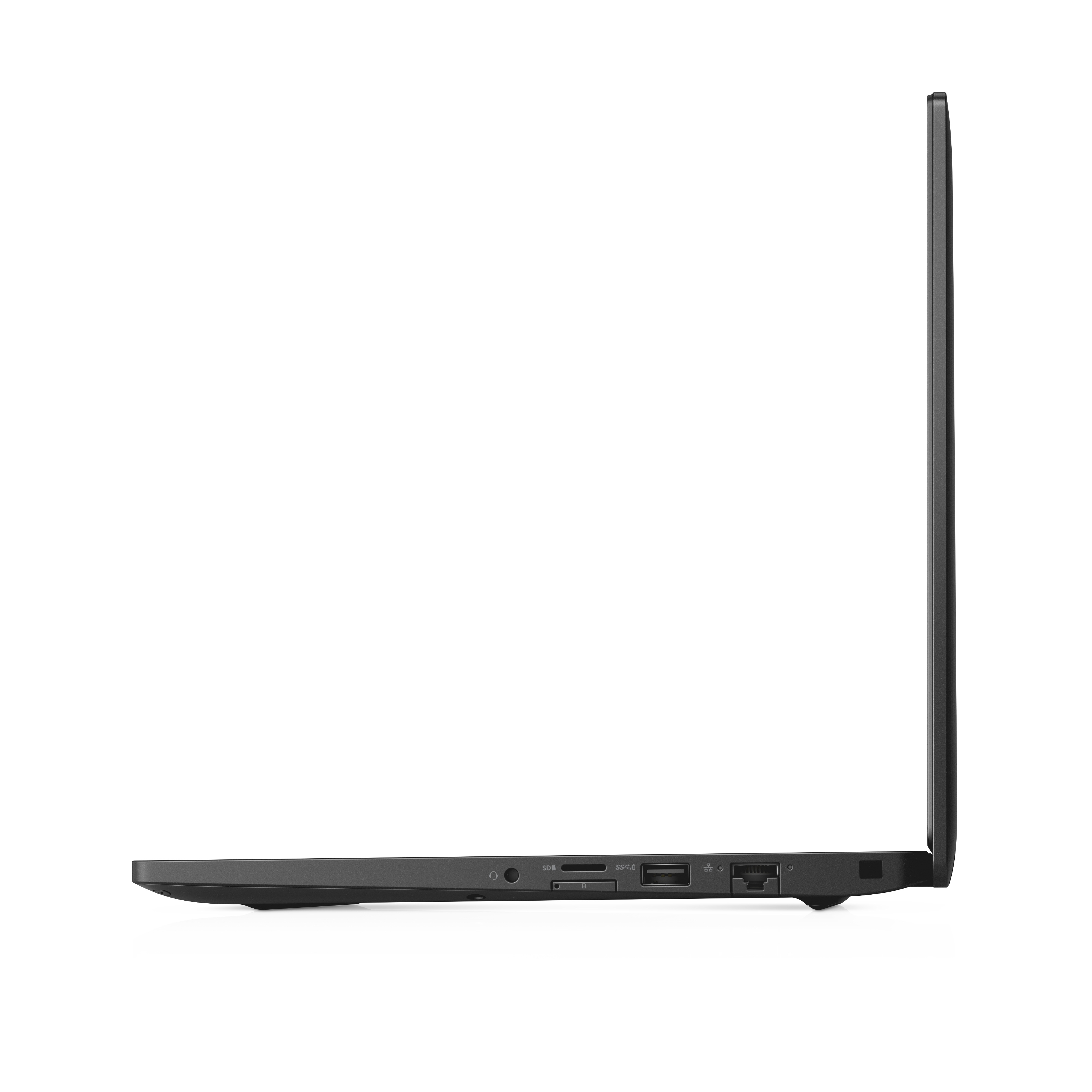 Schwarzer Laptop von der Seite, mit Anschlüssen und schlankem Design.