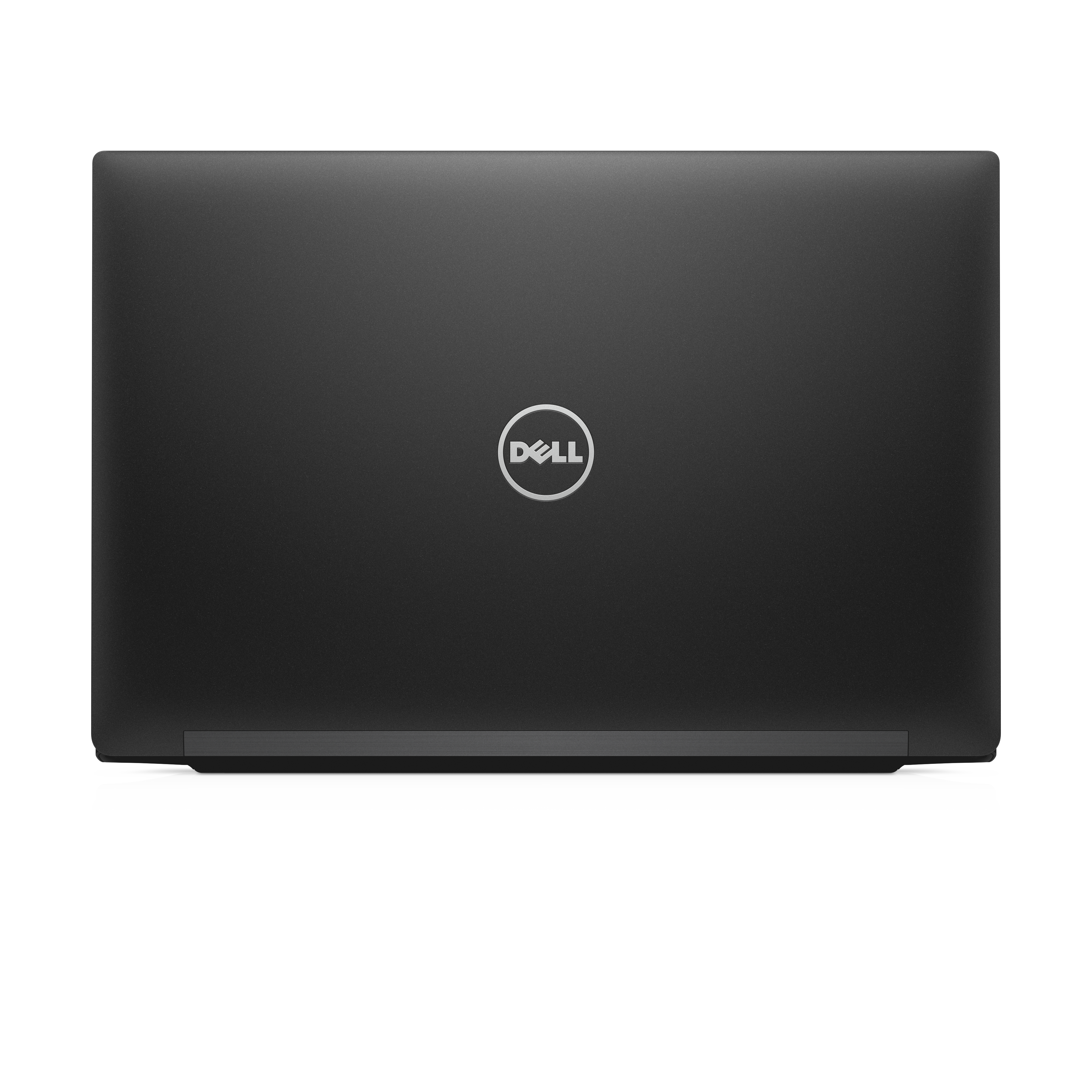 Rückseite eines schwarzen Dell-Laptops. Das Dell-Logo befindet sich in der Mitte des Laptops.