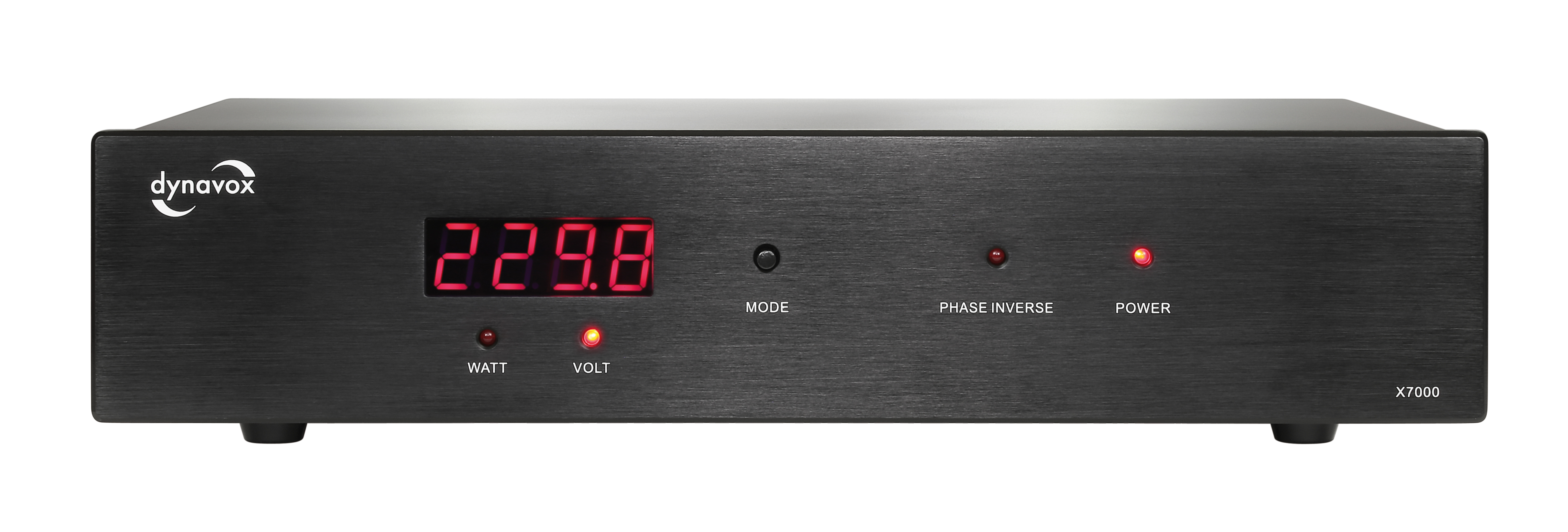 Schwarzes Dynavox X7000 Audiogerät. Rote Digitalanzeige zeigt 229.8. Tasten für 'VOLT', 'WATT' und 'MODE'.